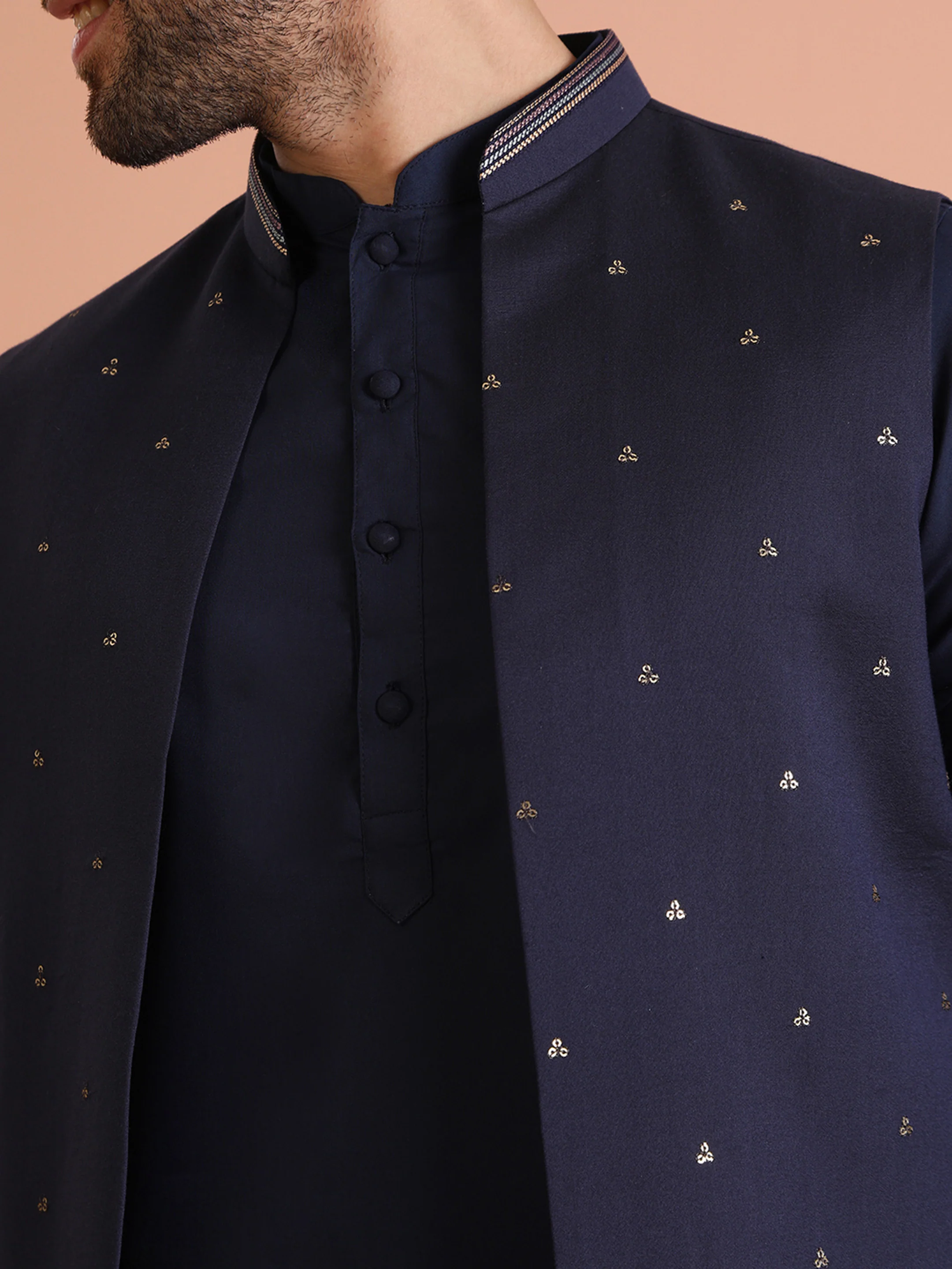 Blue Cotton Embroidered Kurta Front Open Jacket Trouser Set - Image 5