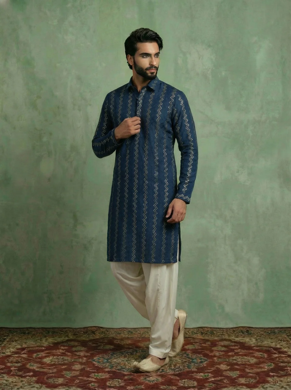 Blue Cotton Jacquard Pathani Kurta Patiyala Set
