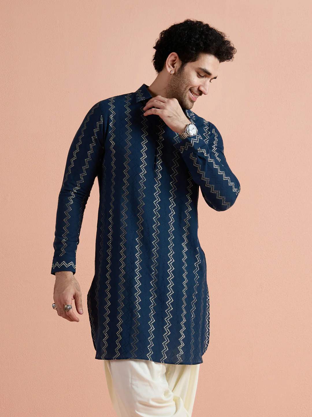 Blue Cotton Jacquard Pathani Kurta Patiyala Set - Image 11