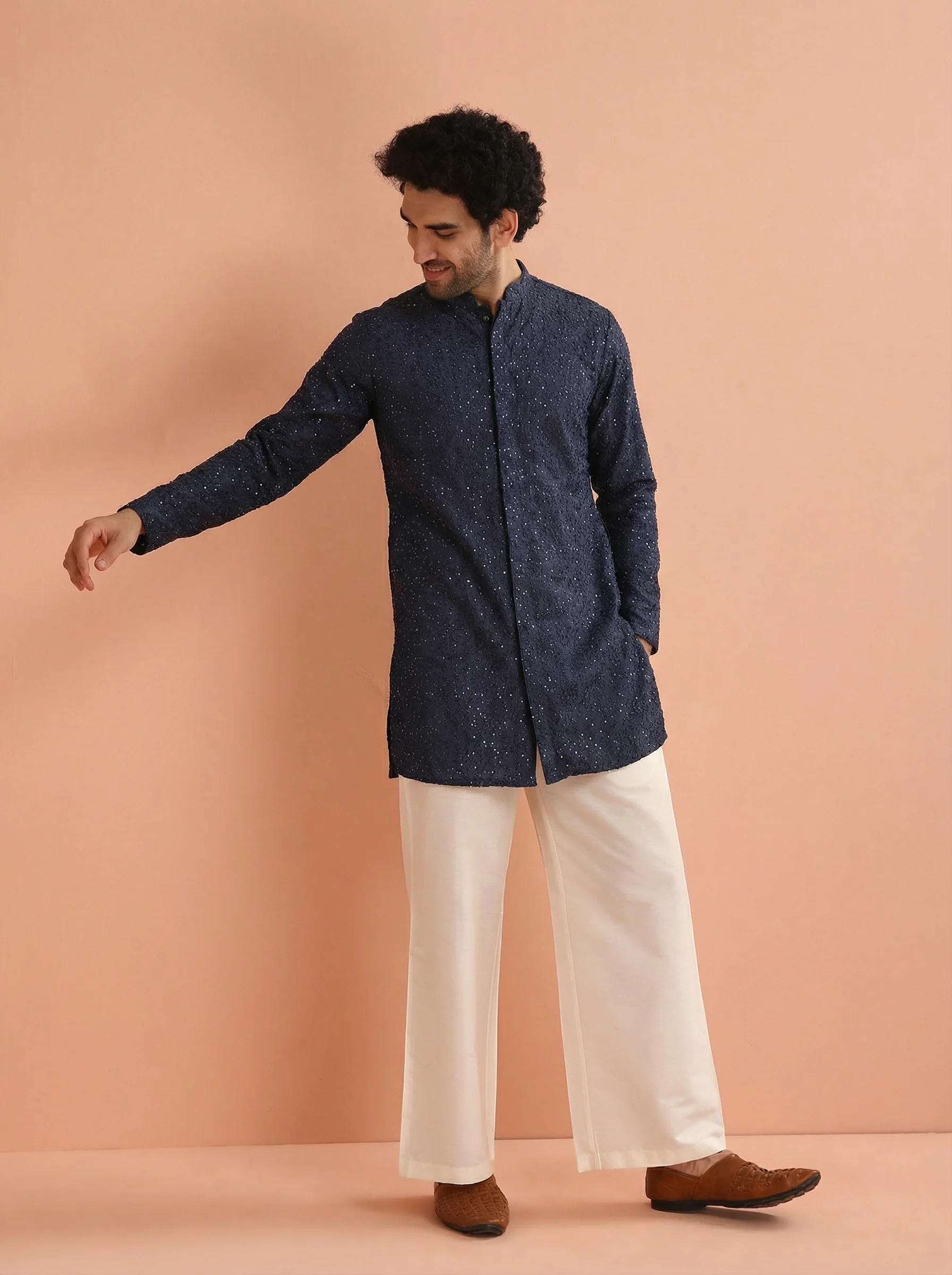 Blue Denim Embellished Front Open Mid Kurta Wide Leg Pant Set - Image 7