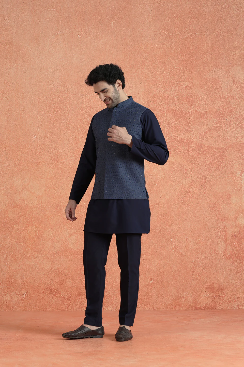 Blue Denim Embellished Mid Kurta Jacket Trouser Set - Image 2
