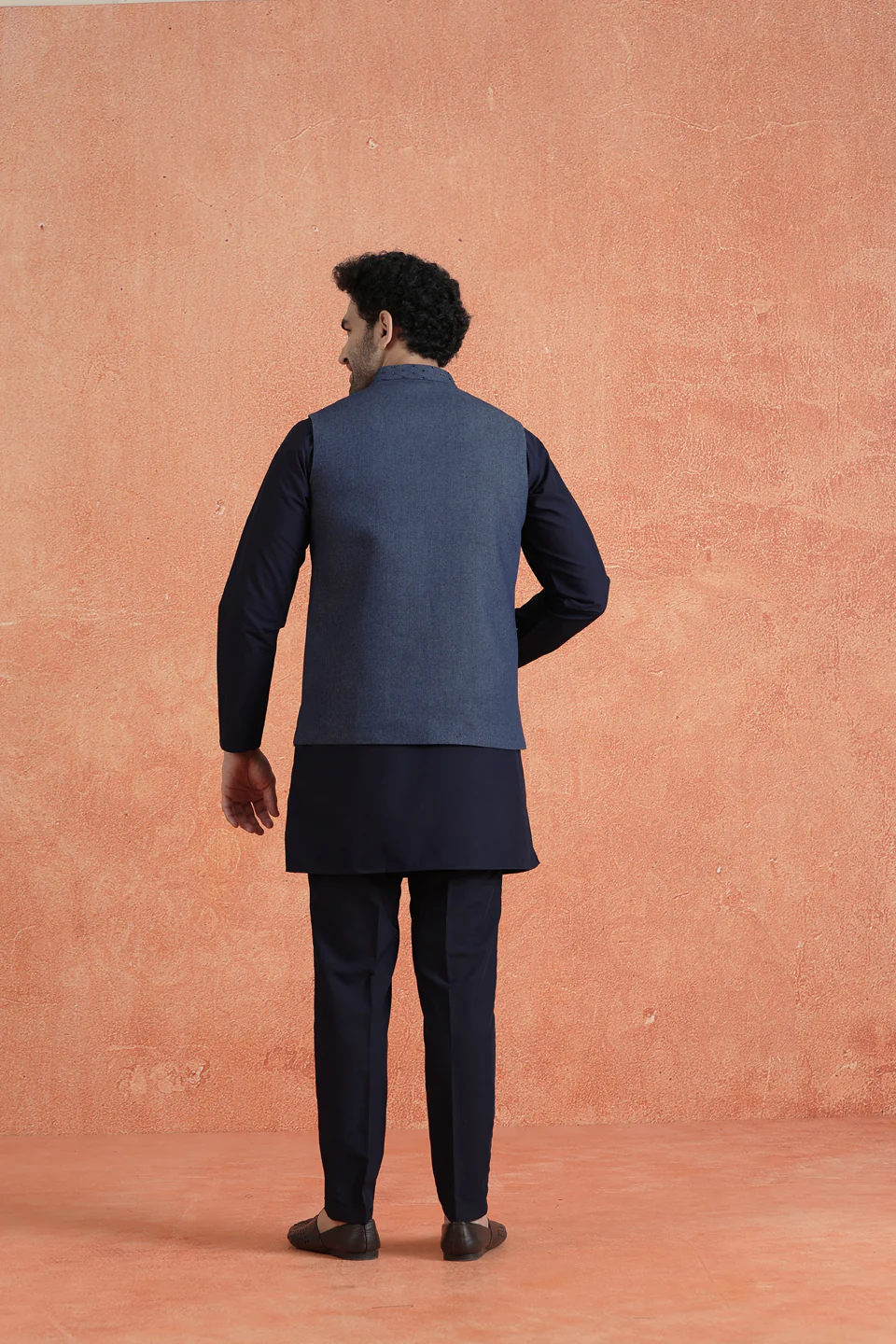 Blue Denim Embellished Mid Kurta Jacket Trouser Set - Image 4
