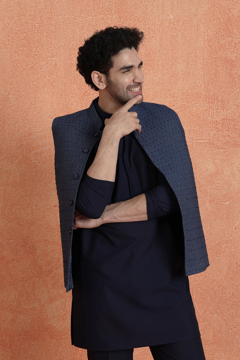 Blue Denim Embellished Mid Kurta Jacket Trouser Set - Image 8