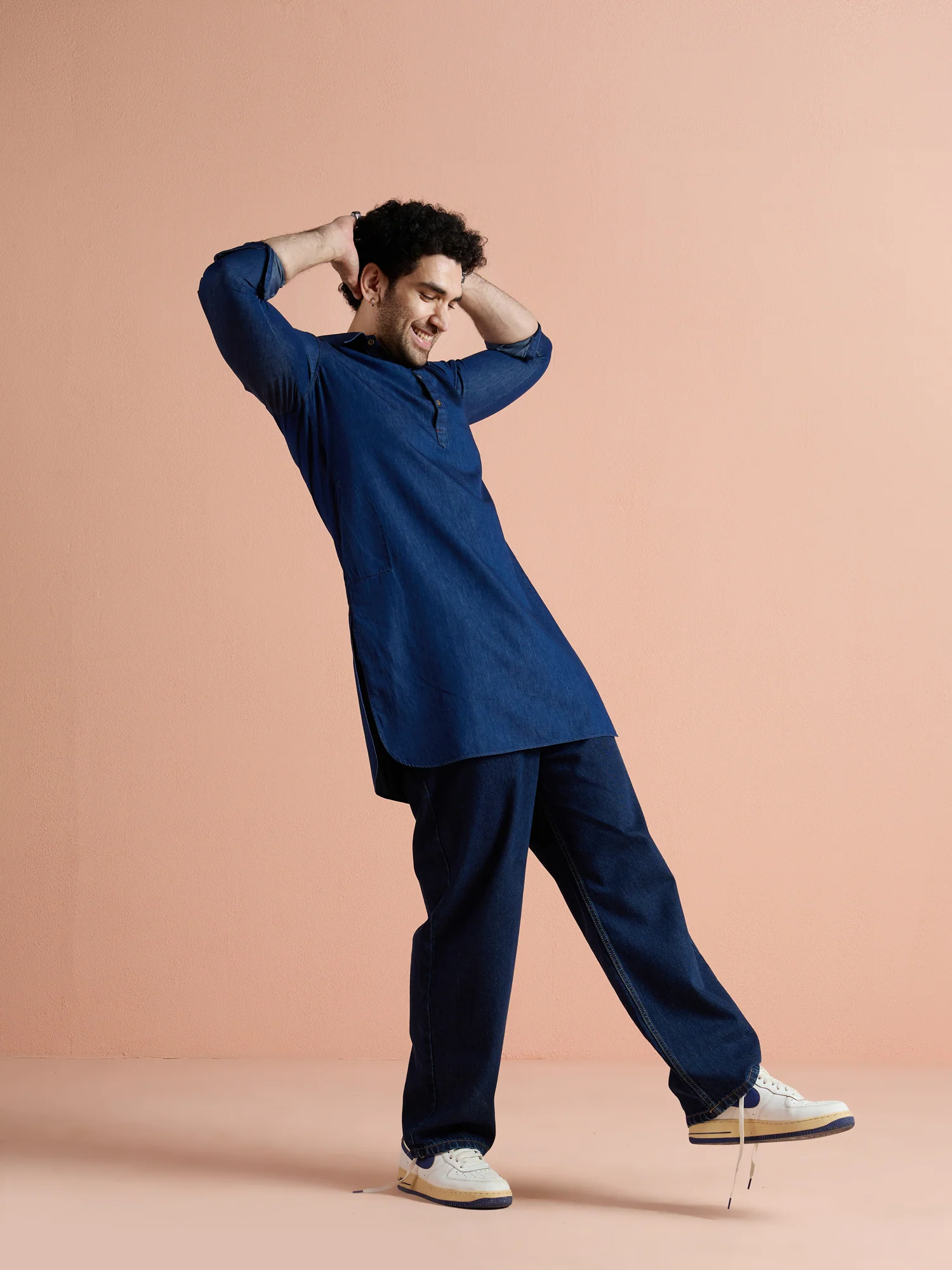 Blue Denim Solid Pathani Kurta - Image 3