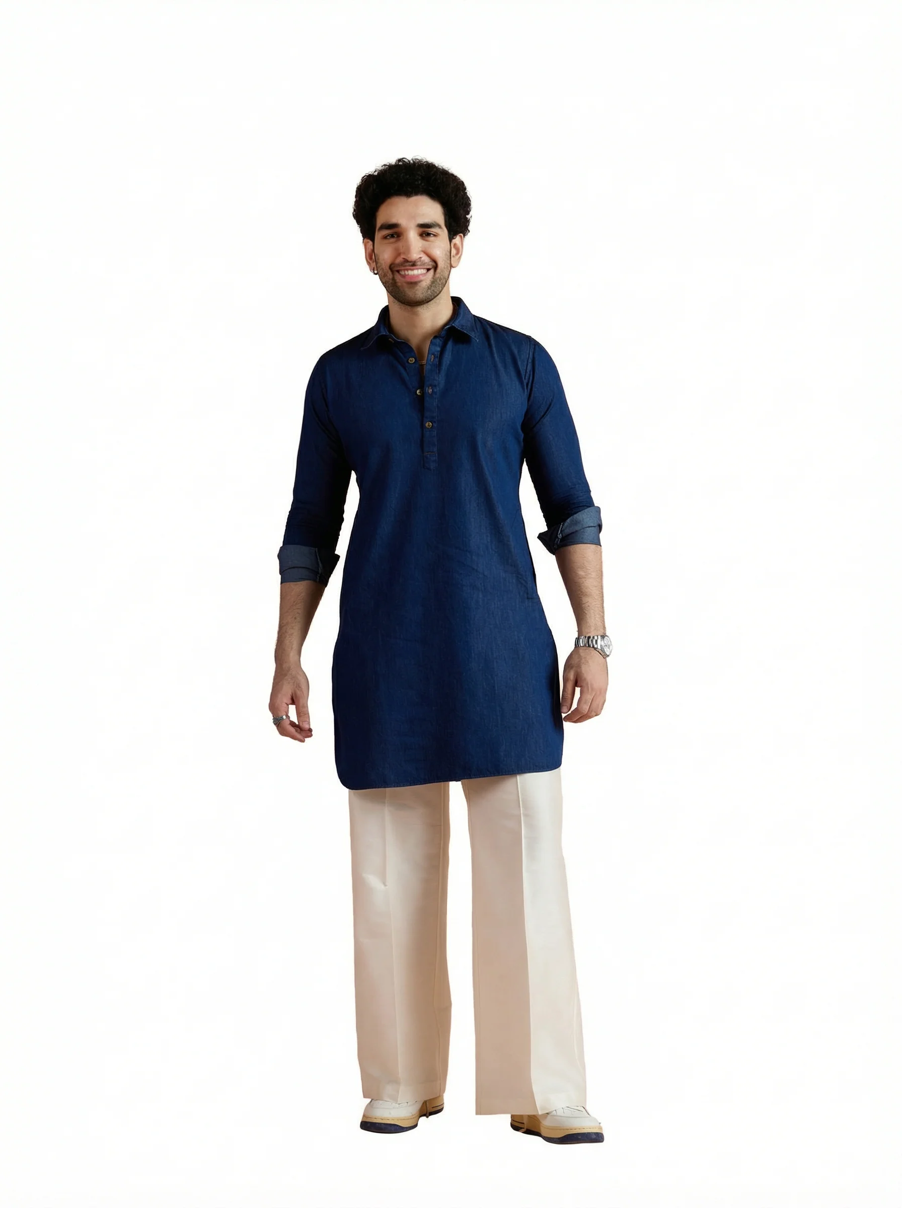 Blue Denim Solid Pathani Kurta Wide Leg Pant Set - Image 10