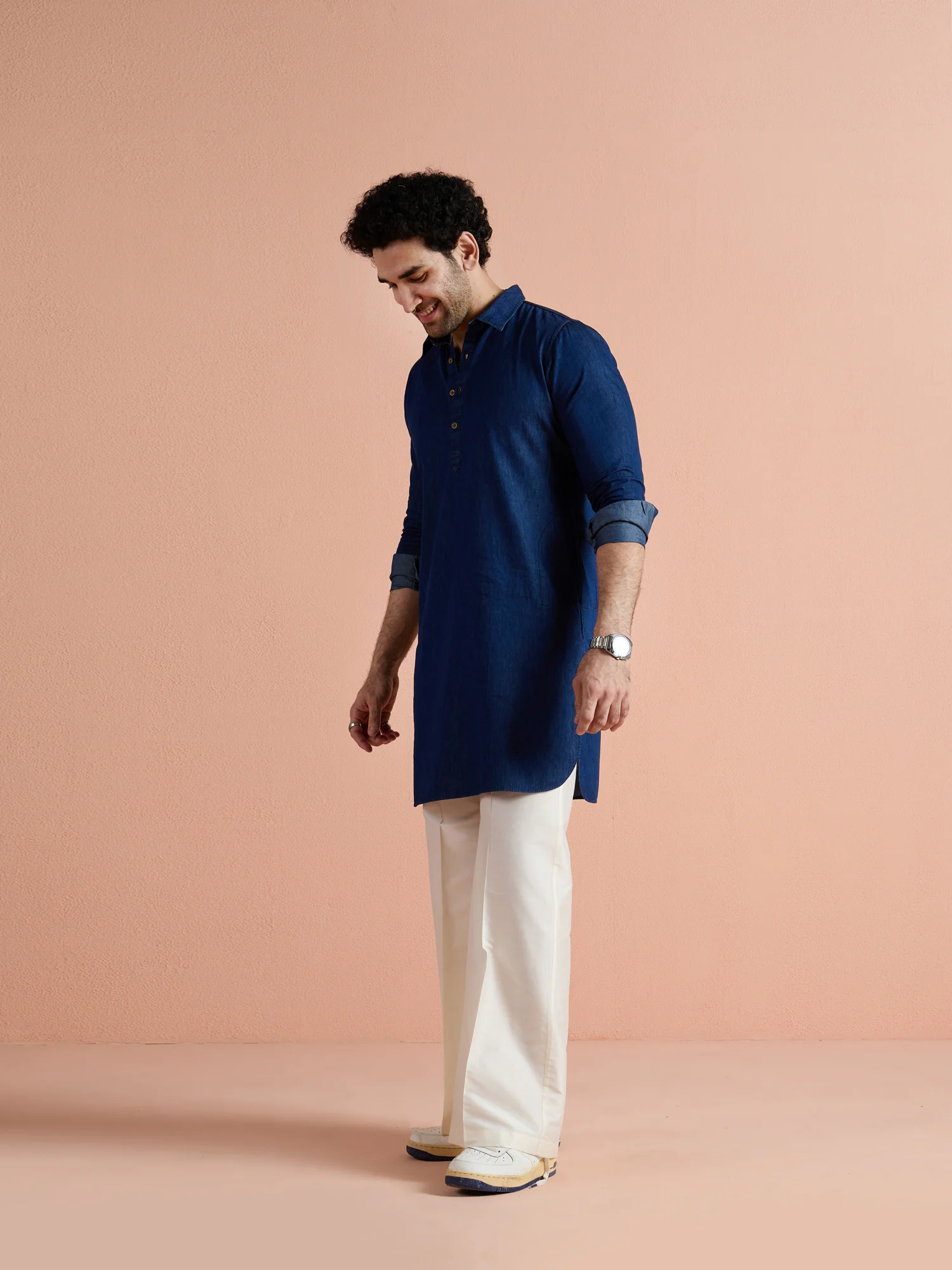 Blue Denim Solid Pathani Kurta Wide Leg Pant Set - Image 3