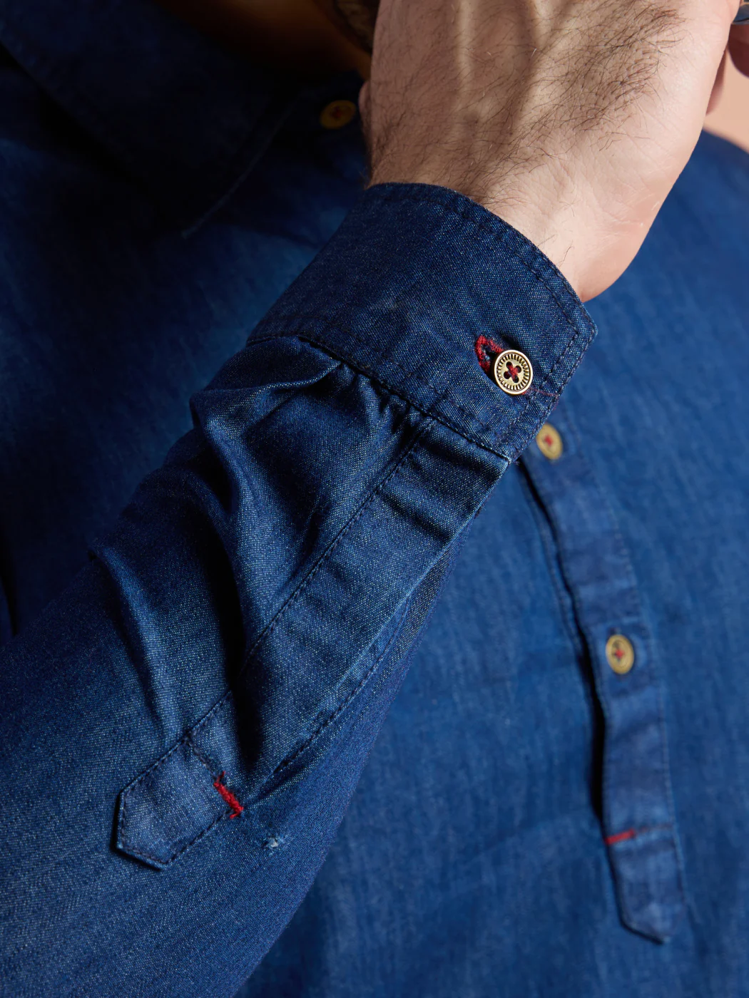 Blue Denim Solid Pathani Kurta Wide Leg Pant Set - Image 5