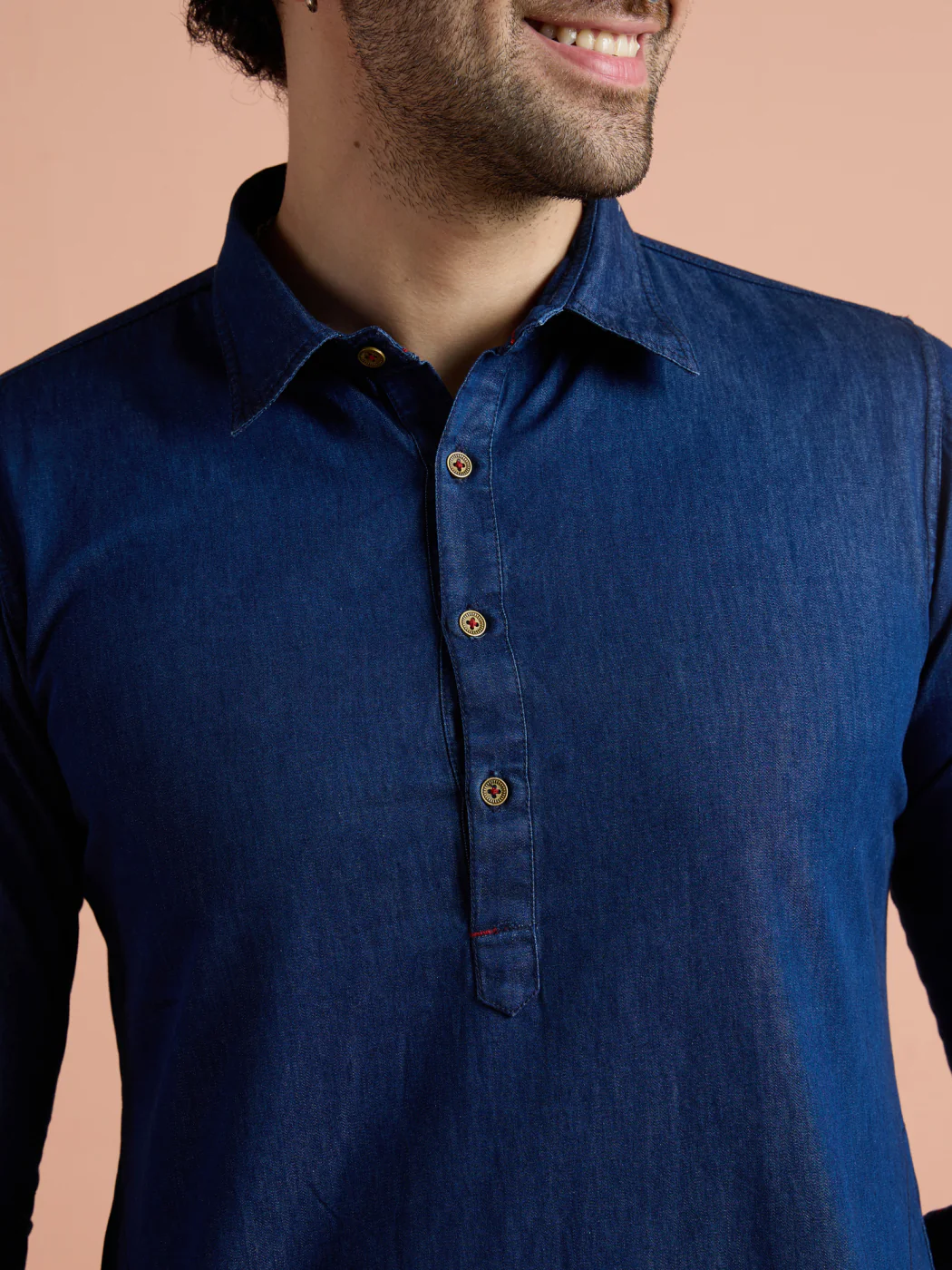 Blue Denim Solid Pathani Kurta Wide Leg Pant Set - Image 7