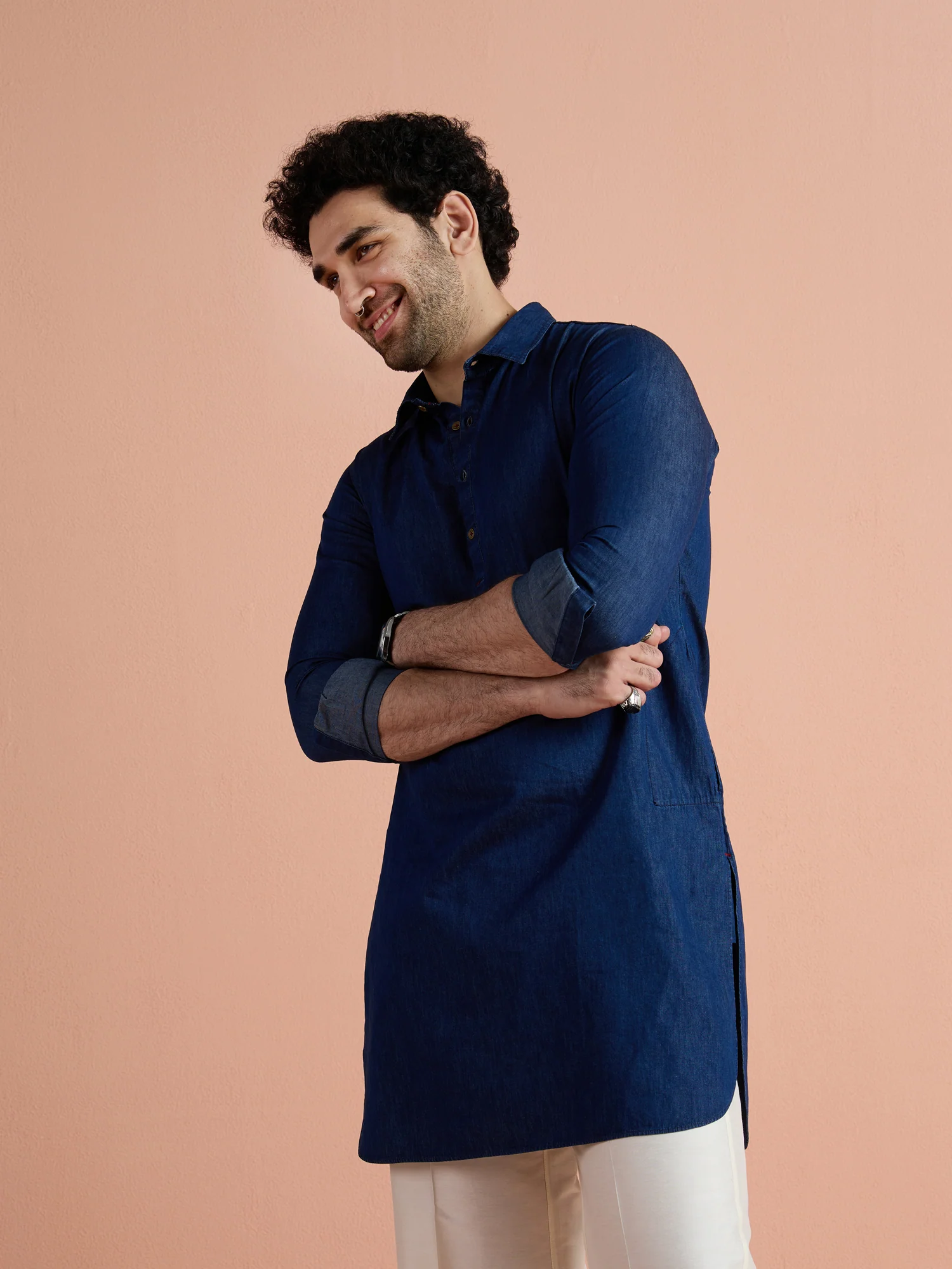 Blue Denim Solid Pathani Kurta Wide Leg Pant Set - Image 9