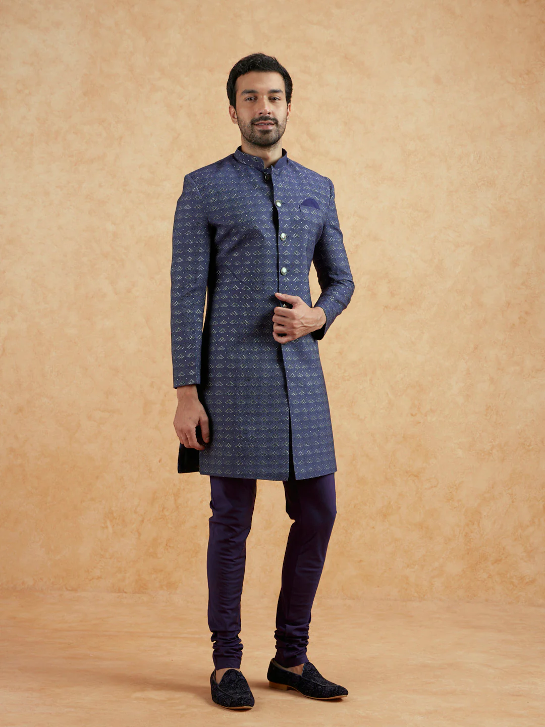 Blue Jacquard Woven Sherwani Churidar Set