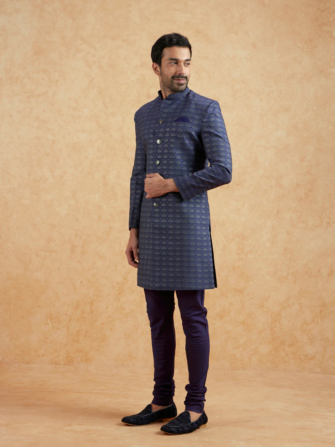 Blue Jacquard Woven Sherwani Churidar Set - Image 2