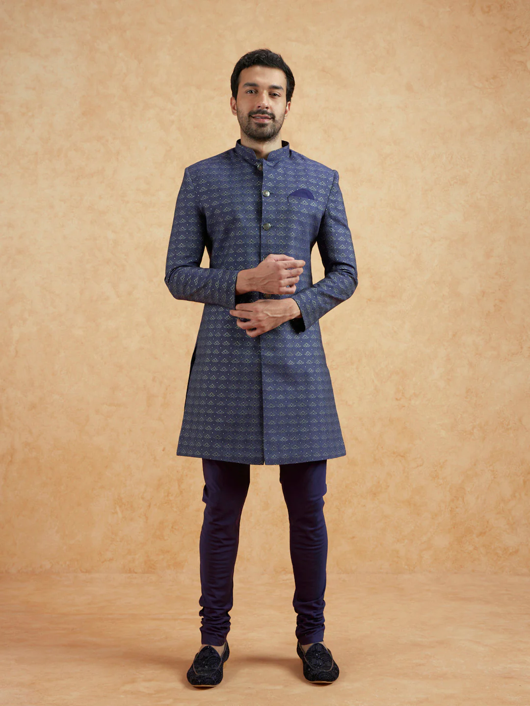 Blue Jacquard Woven Sherwani Churidar Set - Image 7