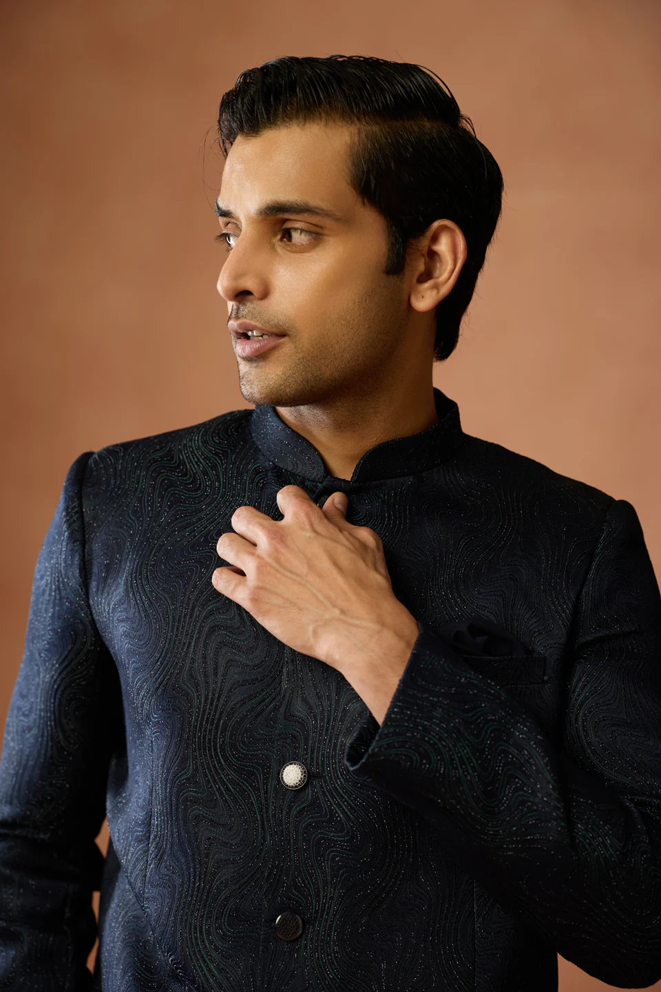 Navy Textured Silk Blend Bandhgala - Image 5