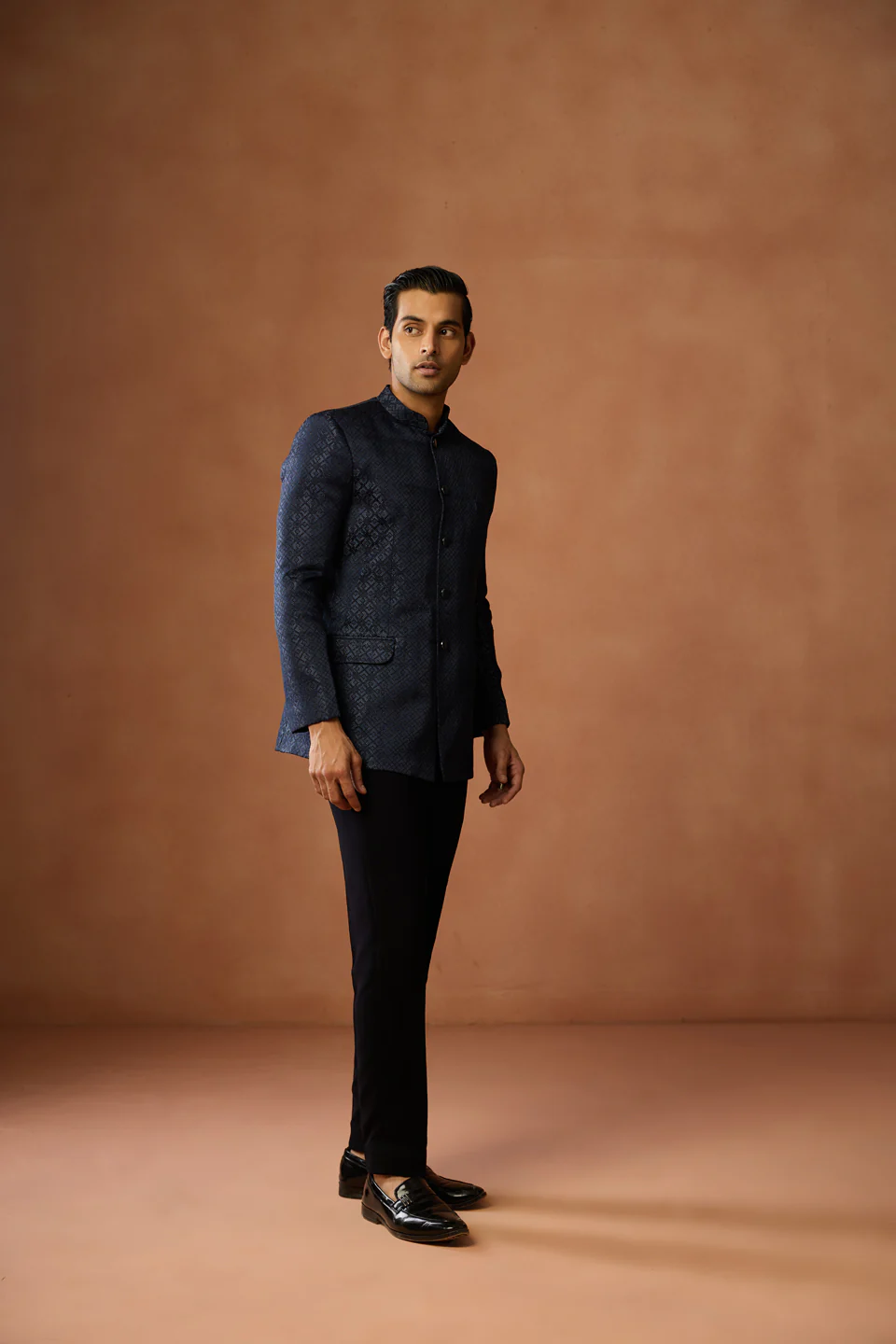 Navy Jacquard Silk Blend Bandhgala - Image 2