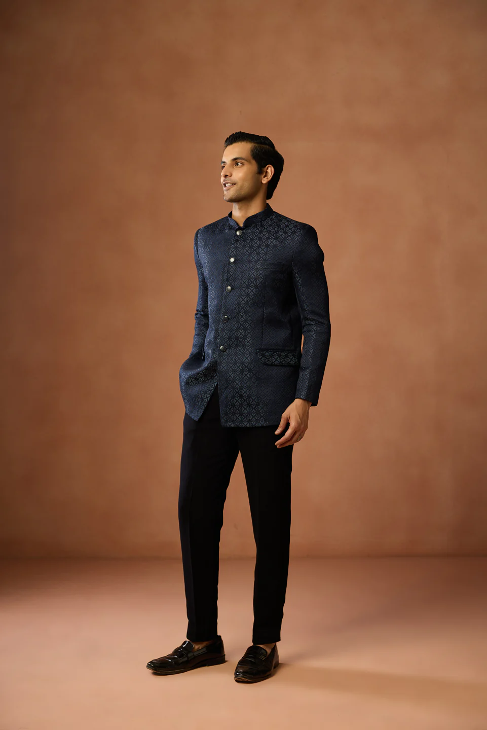 Navy Jacquard Silk Blend Bandhgala - Image 3