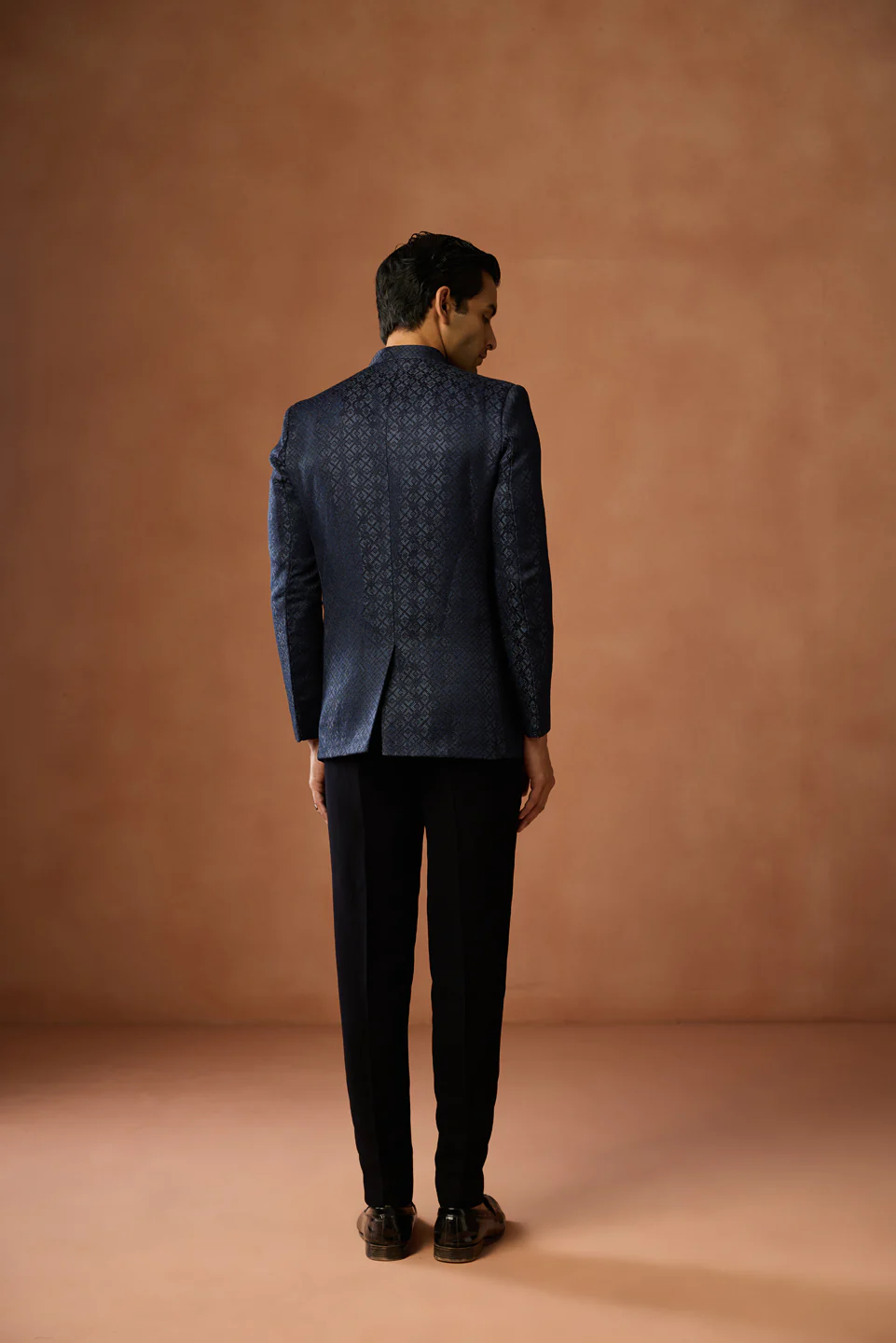Navy Jacquard Silk Blend Bandhgala - Image 4