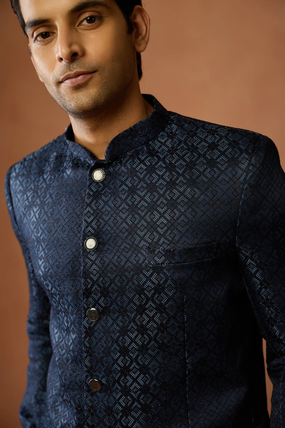 Navy Jacquard Silk Blend Bandhgala - Image 5