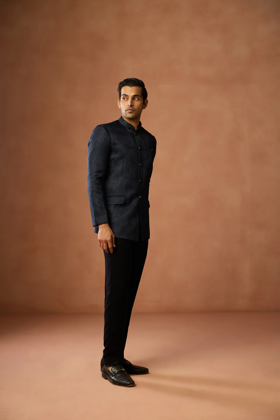 Navy Blue Textured Bandhgala Trouser Set - Image 2
