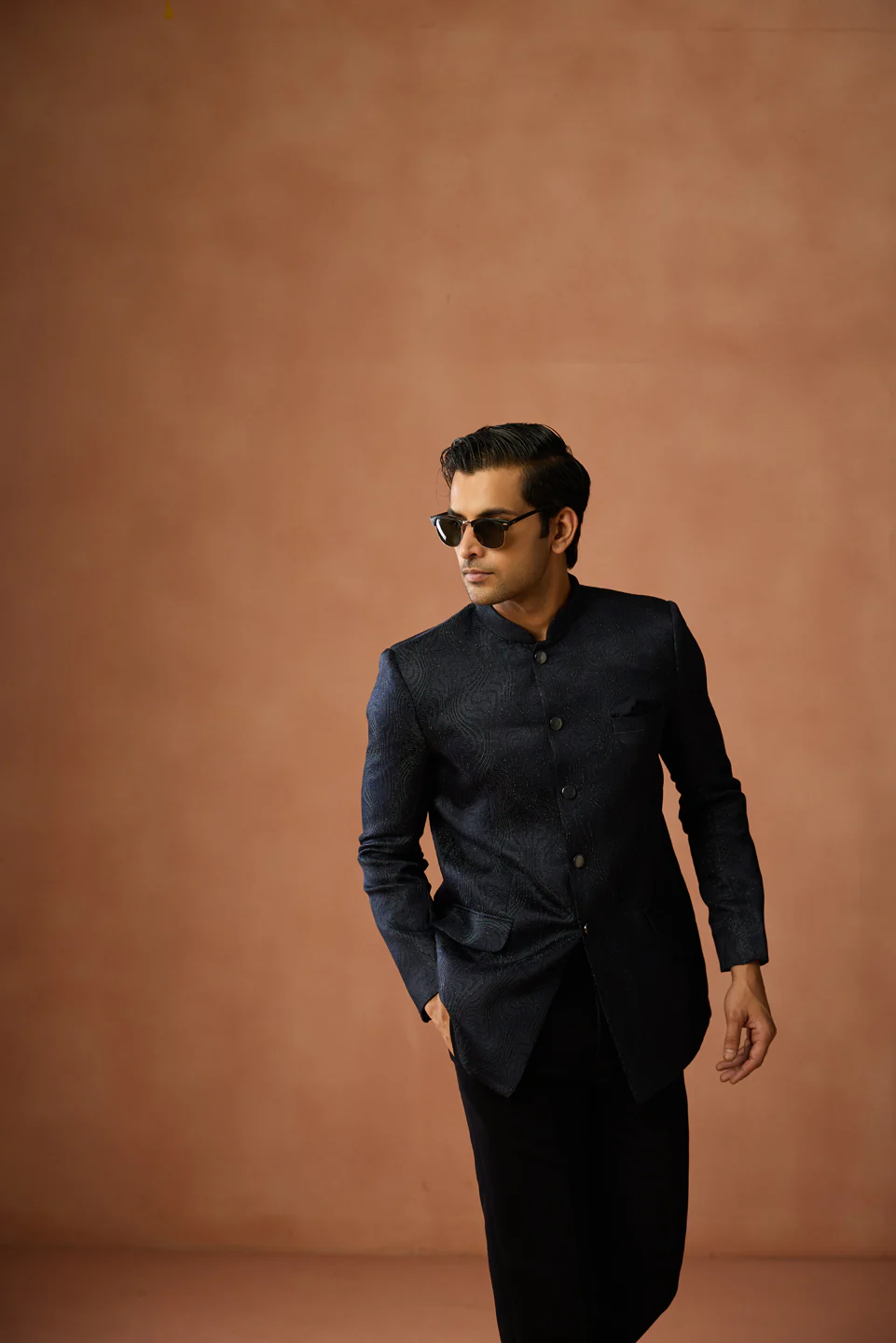Navy Blue Textured Bandhgala Trouser Set - Image 7