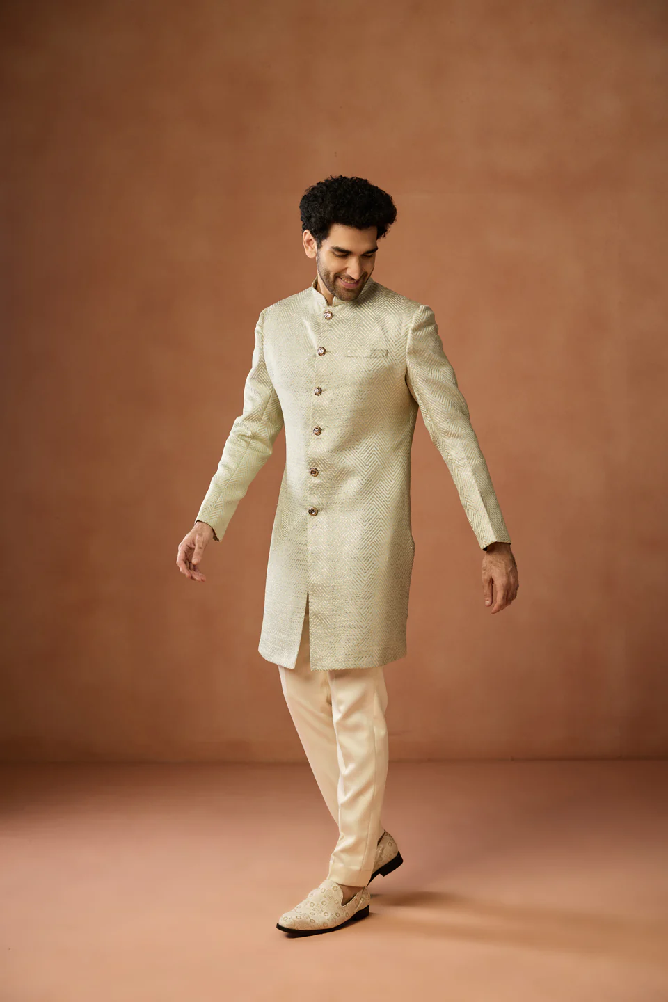 Cream Gold Silk Blend Textured Sherwani Set