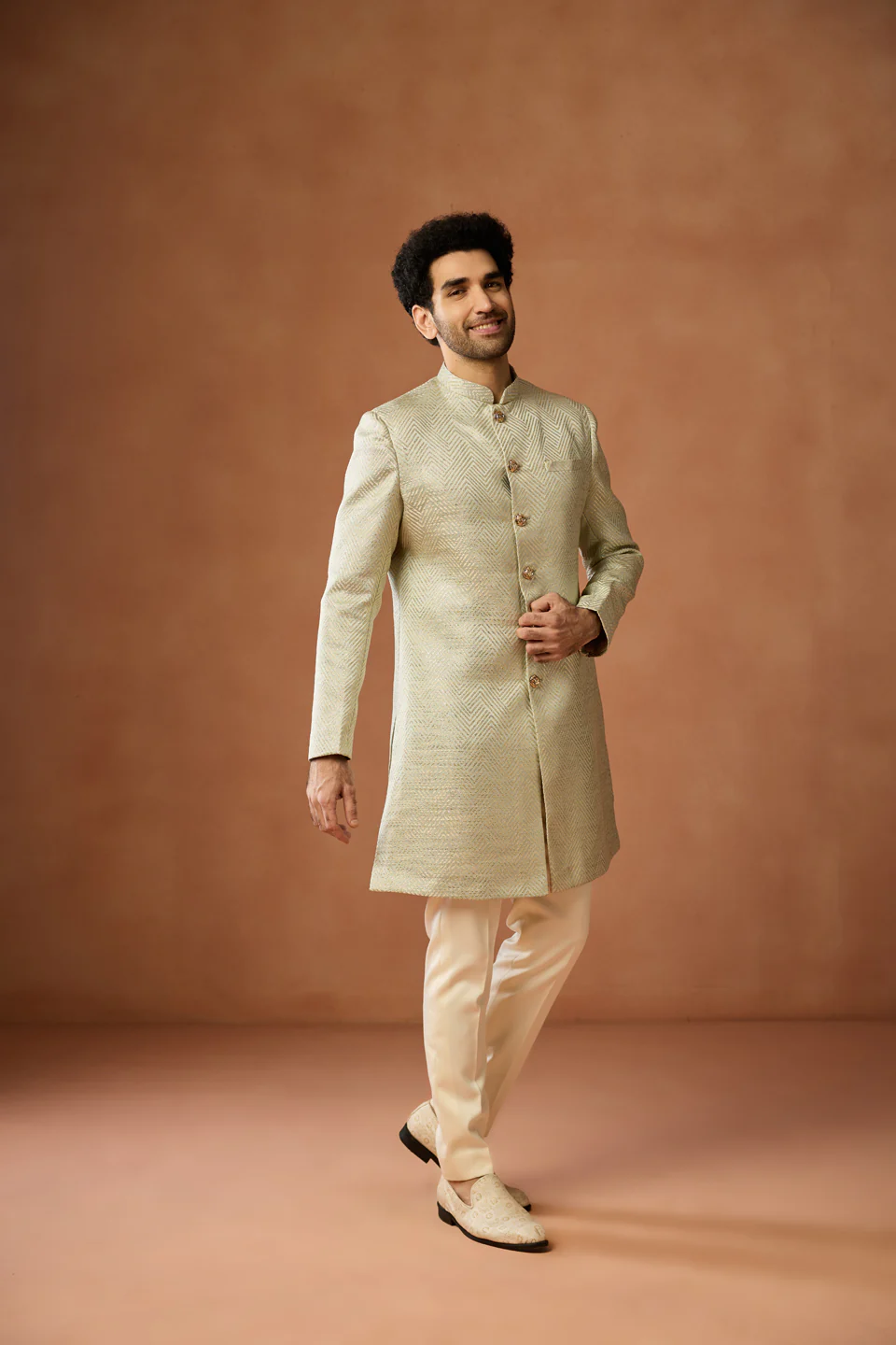 Cream Gold Silk Blend Textured Sherwani Set - Image 2