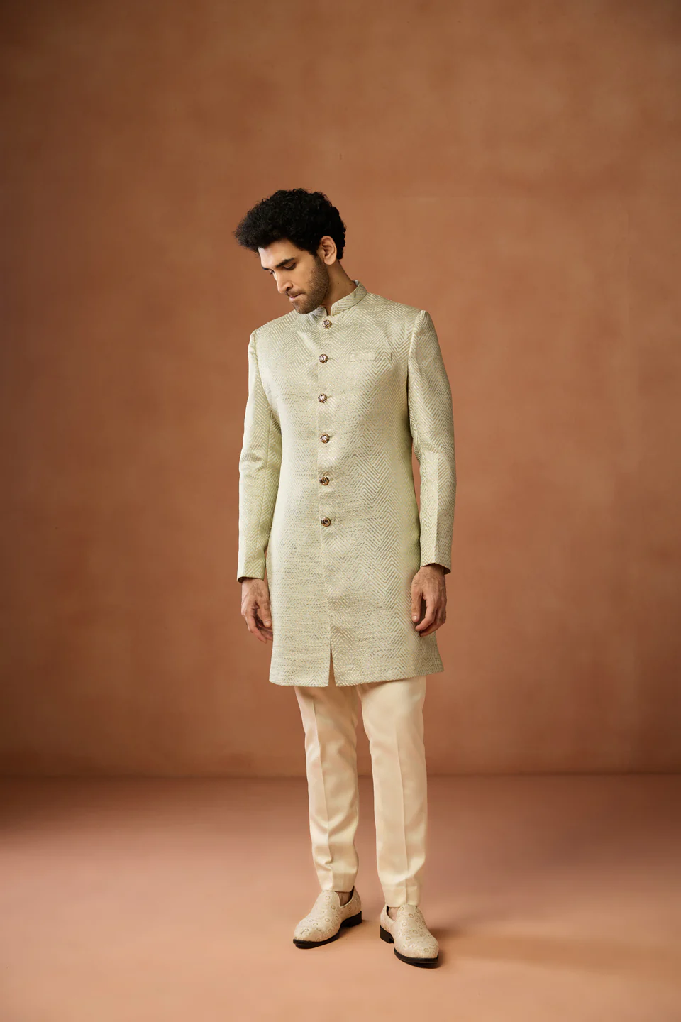 Cream Gold Silk Blend Textured Sherwani Set - Image 3