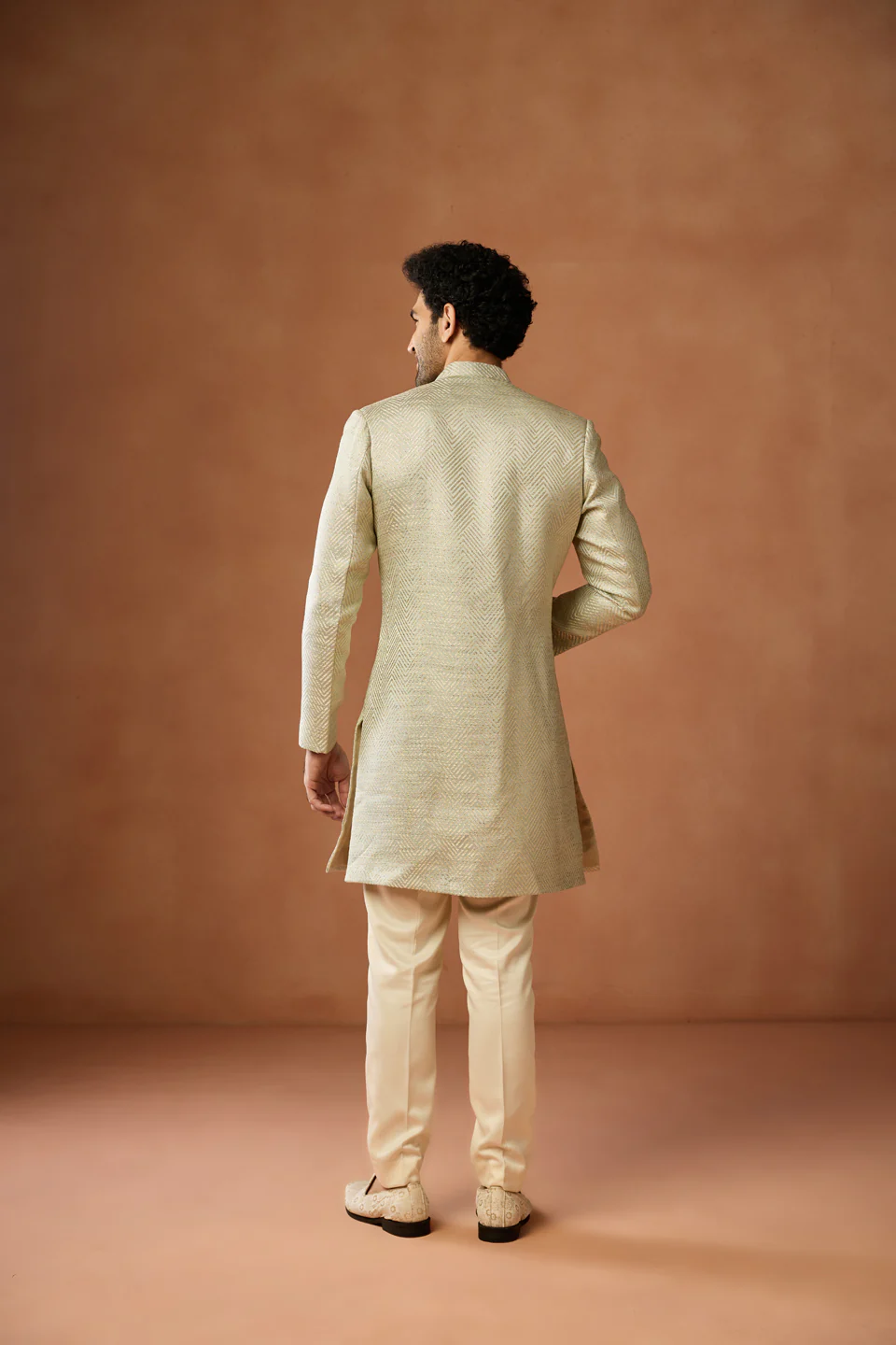 Cream Gold Silk Blend Textured Sherwani Set - Image 4