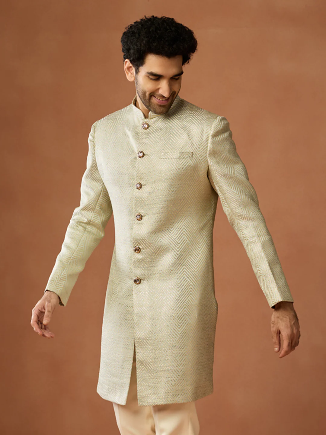 Cream Gold Silk Blend Textured Sherwani Set - Image 7