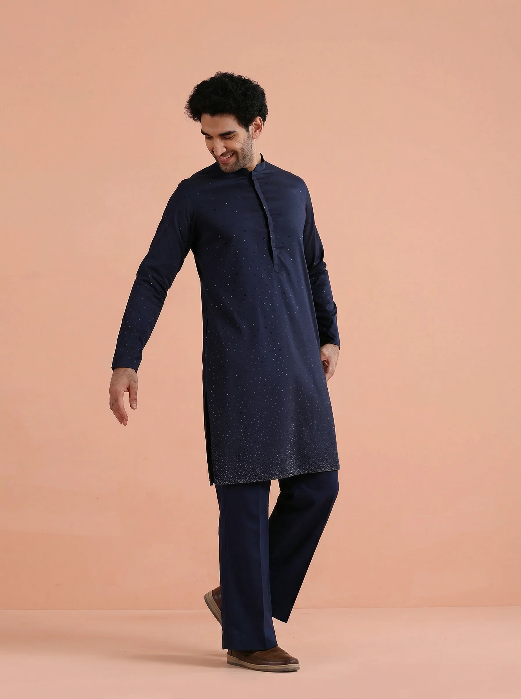 Blue Poly Silk Swarovski Kurta Wide Leg Trouser Set - Image 3