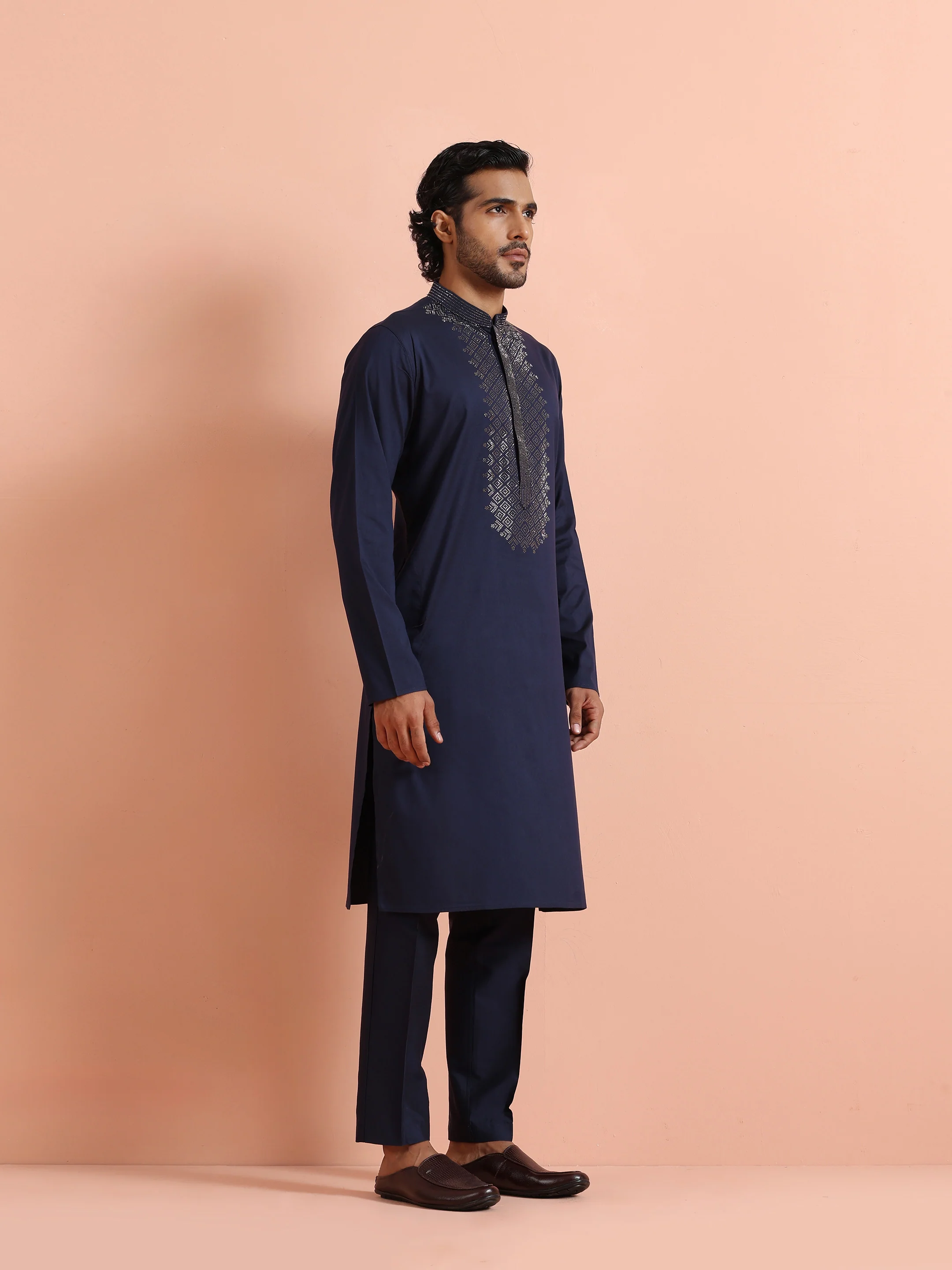 Blue Poly Silk Swarovski Work Kurta Trouser Set - Image 3