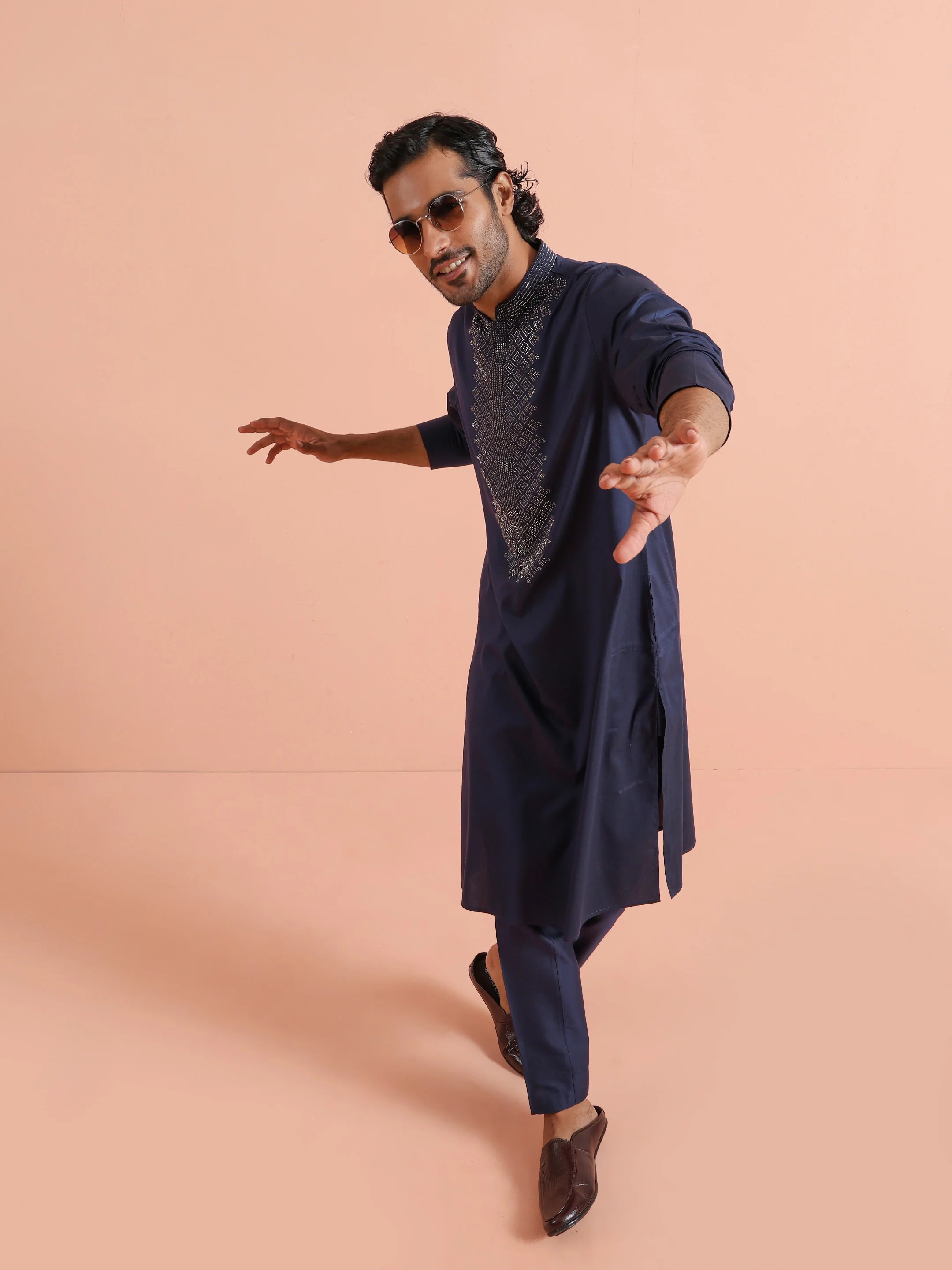 Blue Poly Silk Swarovski Work Kurta Trouser Set - Image 8