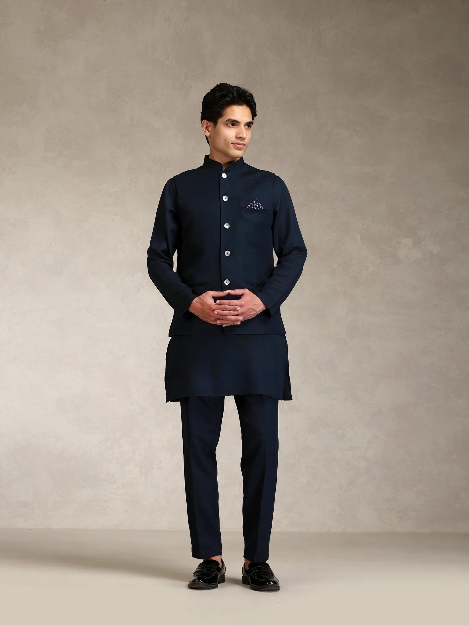 Blue Poly Viscose Solid Mid Kurta Jacket Trouser Set
