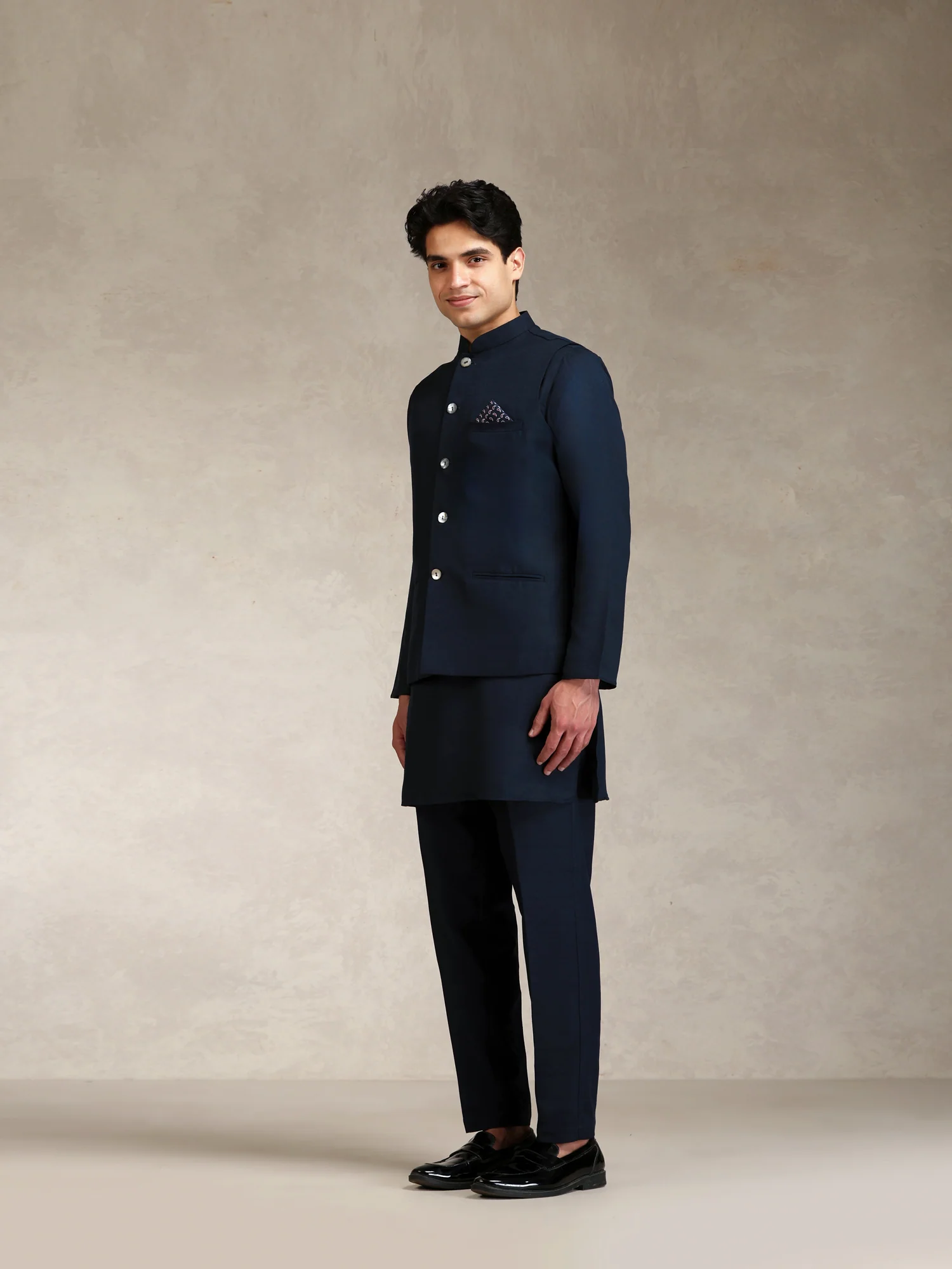Blue Poly Viscose Solid Mid Kurta Jacket Trouser Set - Image 3