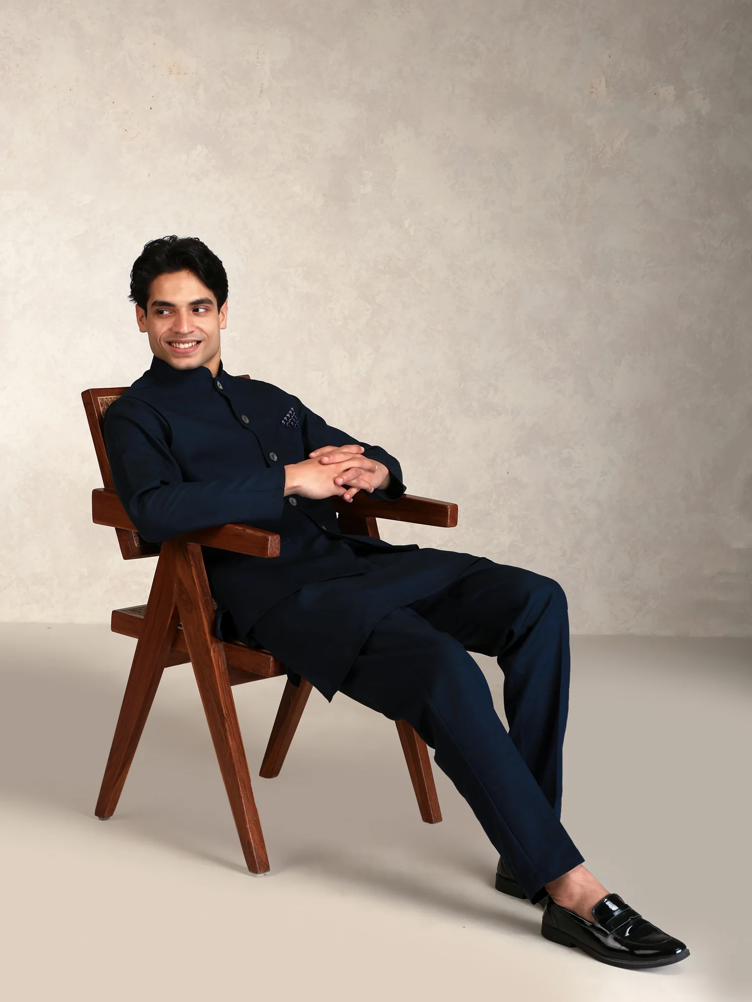 Blue Poly Viscose Solid Mid Kurta Jacket Trouser Set - Image 9