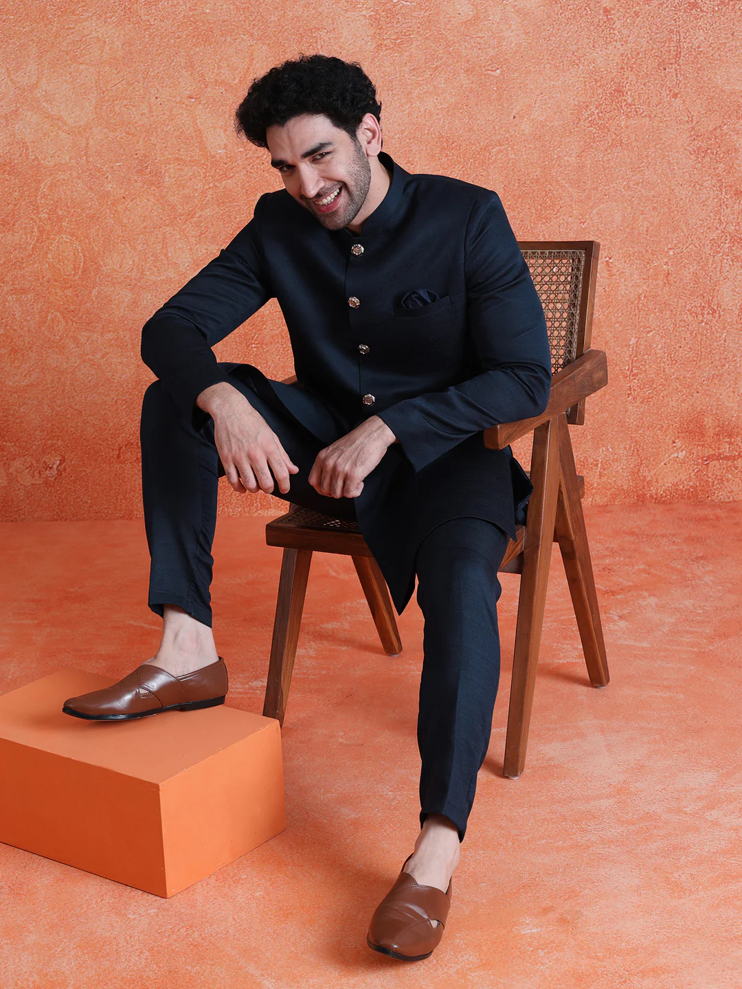 Blue Polyviscose Solid Sherwani Trouser Set