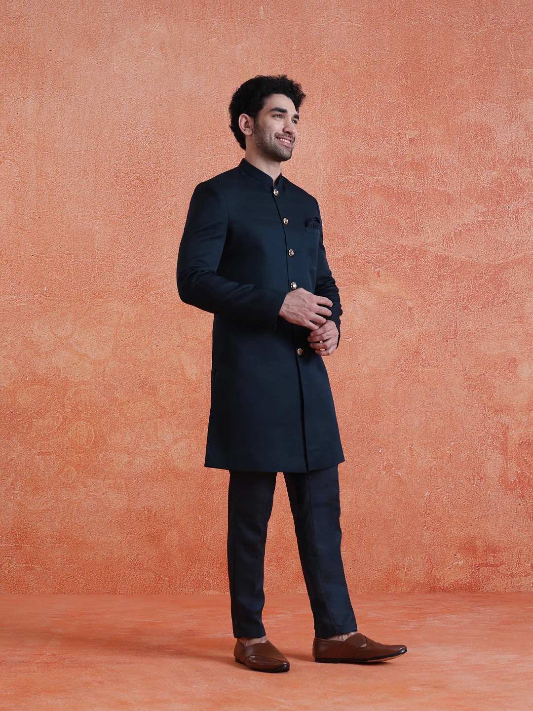 Blue Polyviscose Solid Sherwani Trouser Set - Image 2