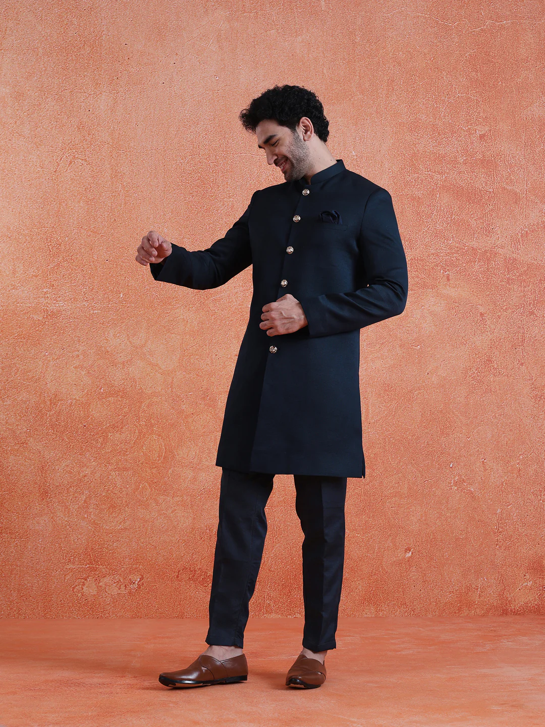 Blue Polyviscose Solid Sherwani Trouser Set - Image 3