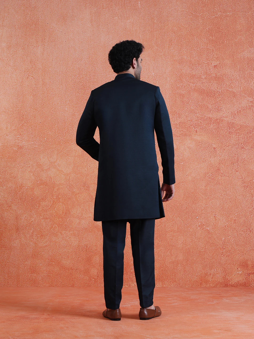 Blue Polyviscose Solid Sherwani Trouser Set - Image 4