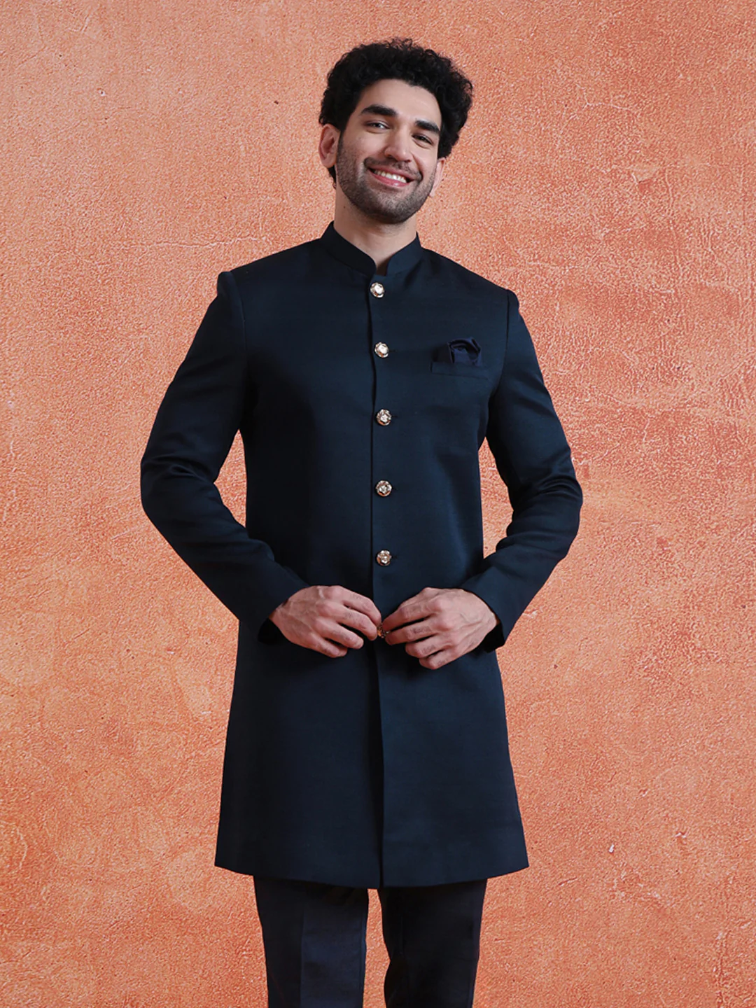 Blue Polyviscose Solid Sherwani Trouser Set - Image 9
