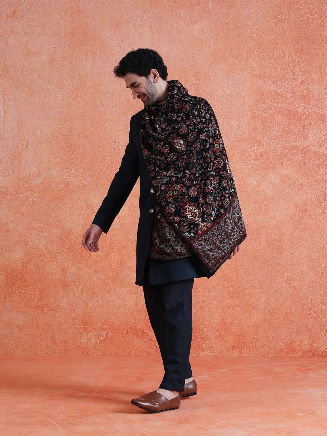Blue Polyviscose Solid Sherwani Trouser Set With Velvet Dupatta - Image 2