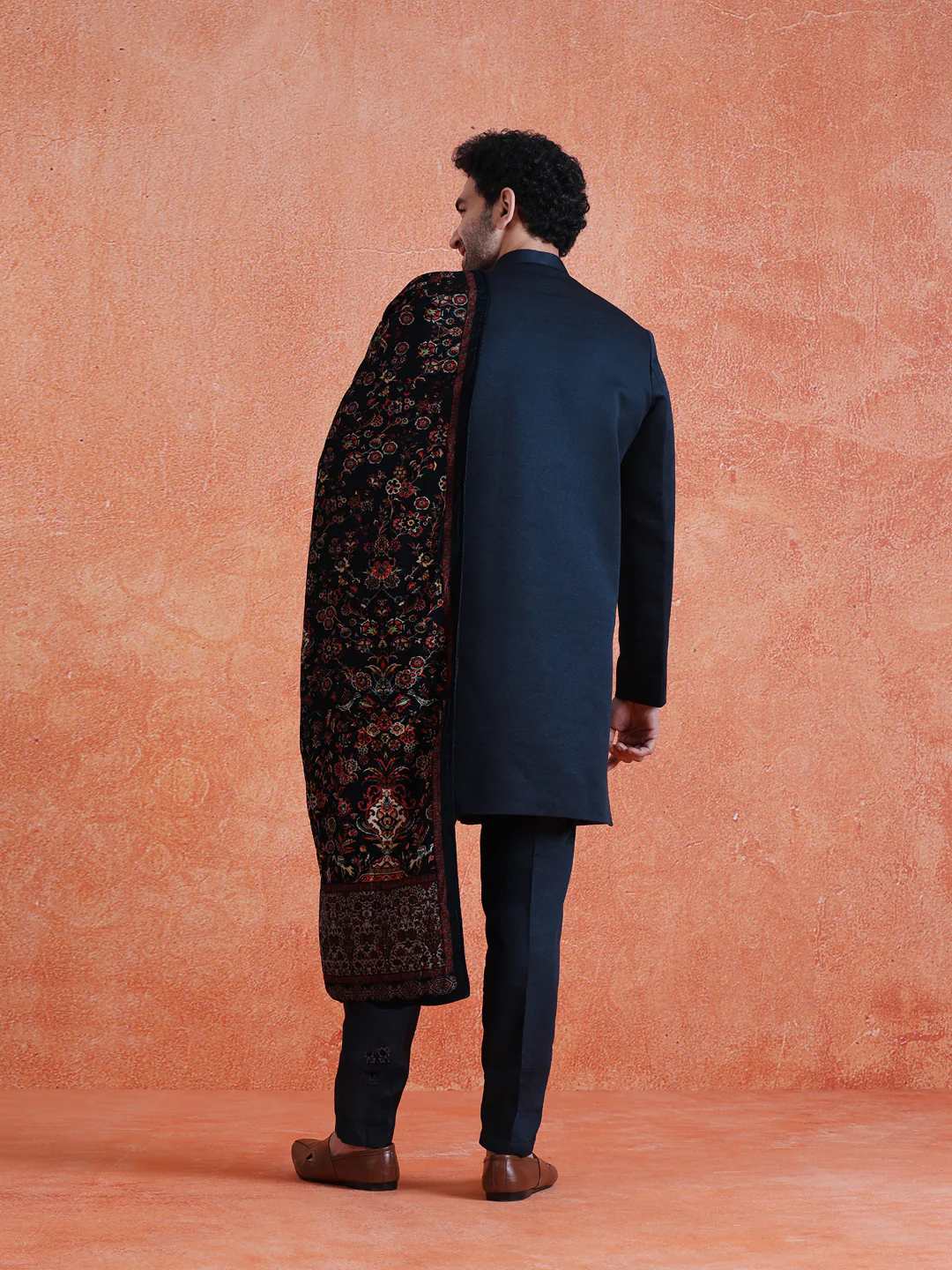 Blue Polyviscose Solid Sherwani Trouser Set With Velvet Dupatta - Image 4