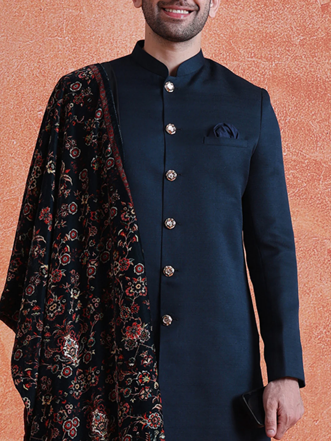 Blue Polyviscose Solid Sherwani Trouser Set With Velvet Dupatta - Image 5