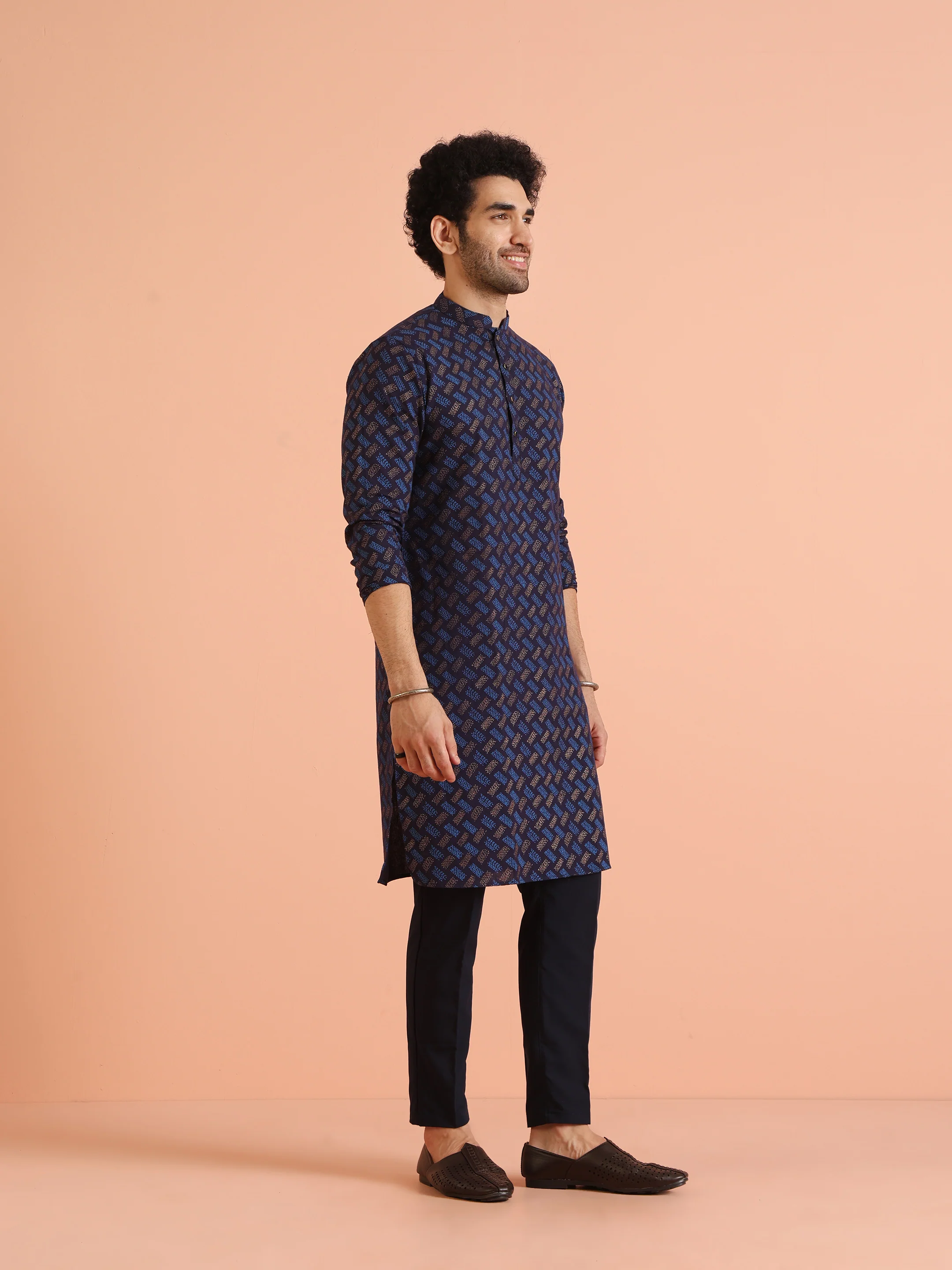 Blue Pure Cotton Printed Kurta Trouser Set - Image 3