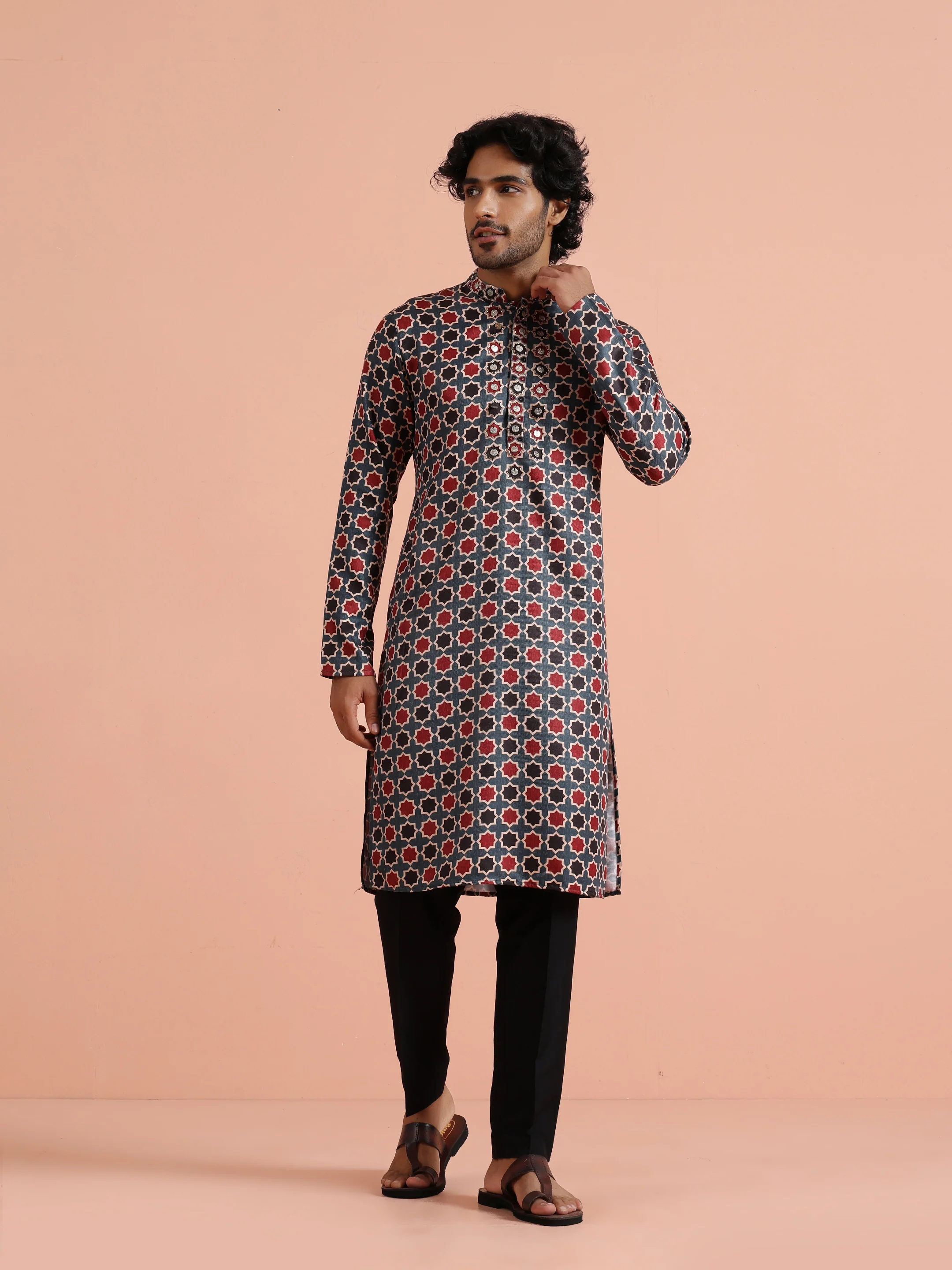 Blue Red Printed Art Silk Kurta Trouser - Image 2