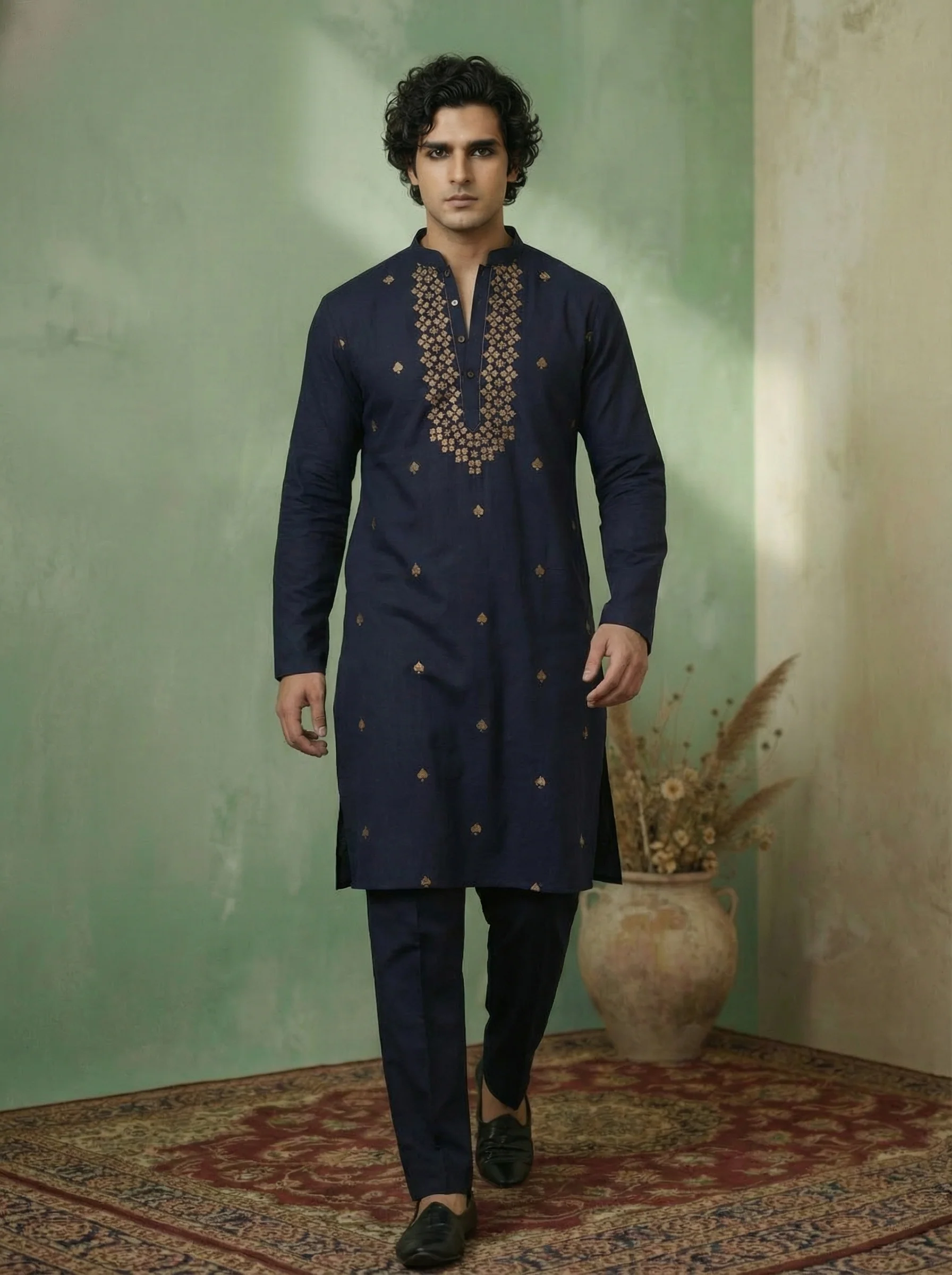 Blue Silk Blend Embroidered Kurta Trouser Set
