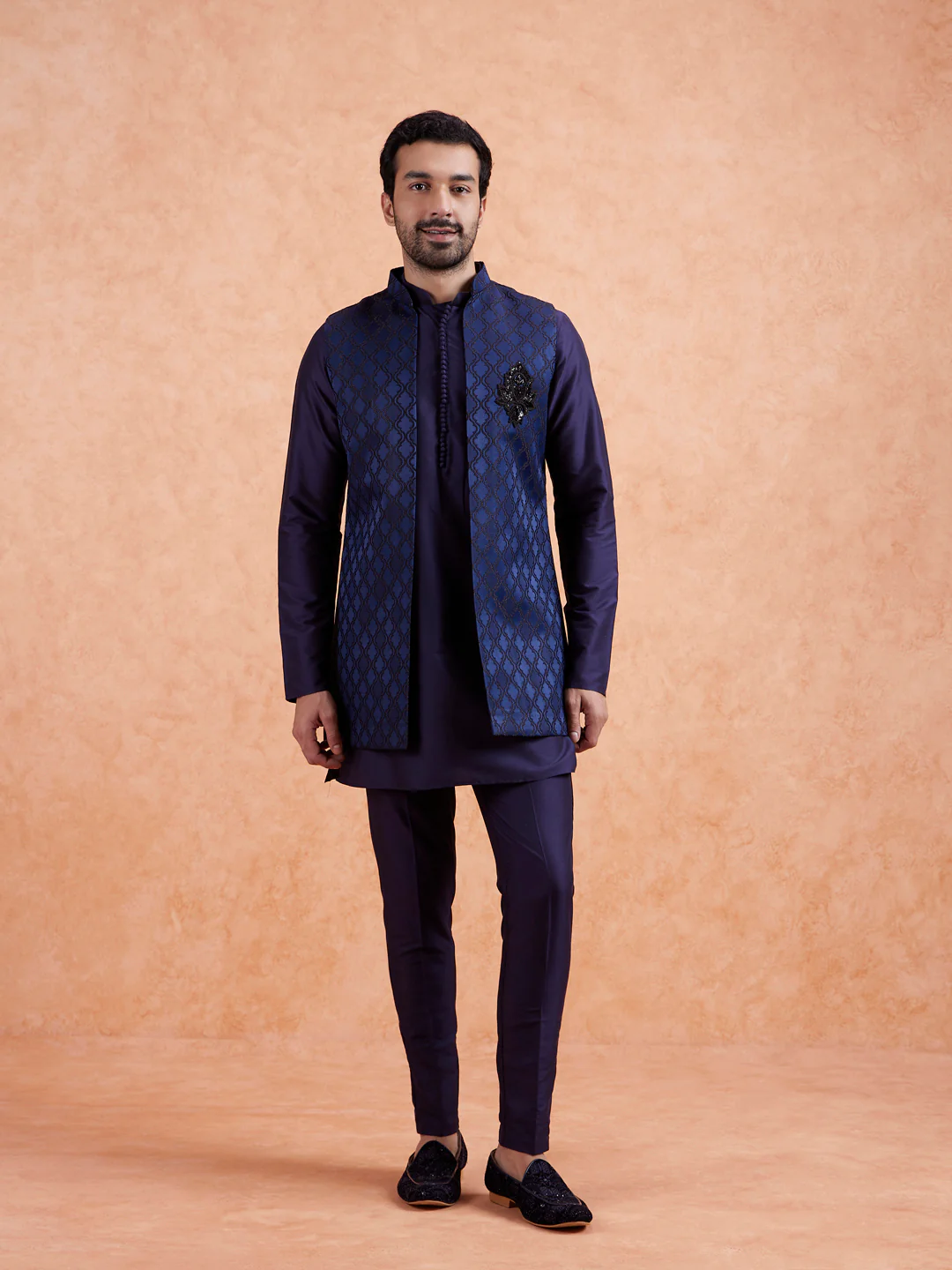 Navy Front Open Brooch Jacket Kurta Set