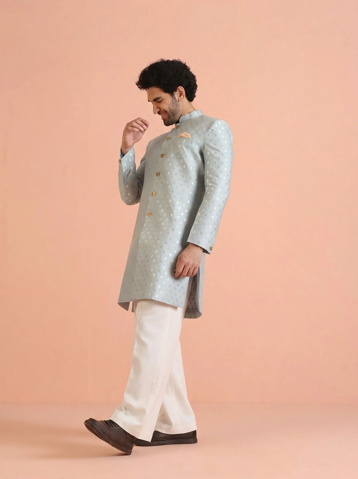 Blue Silk Blend Jacquard Sherwani Wide Leg Trouser Set - Image 2