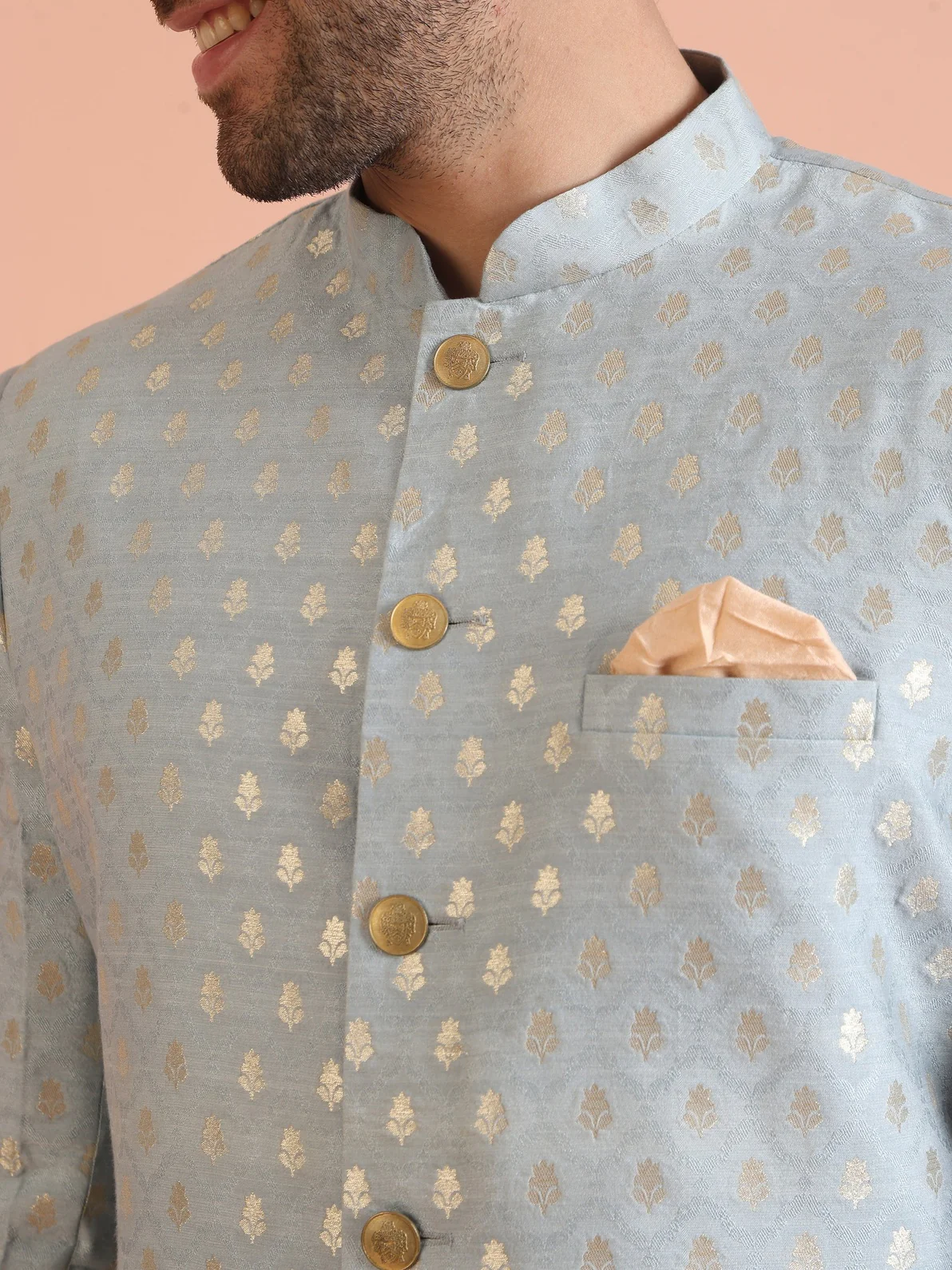 Blue Silk Blend Jacquard Sherwani Wide Leg Trouser Set - Image 4