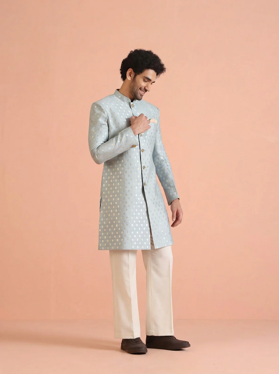 Blue Silk Blend Jacquard Sherwani Wide Leg Trouser Set - Image 6