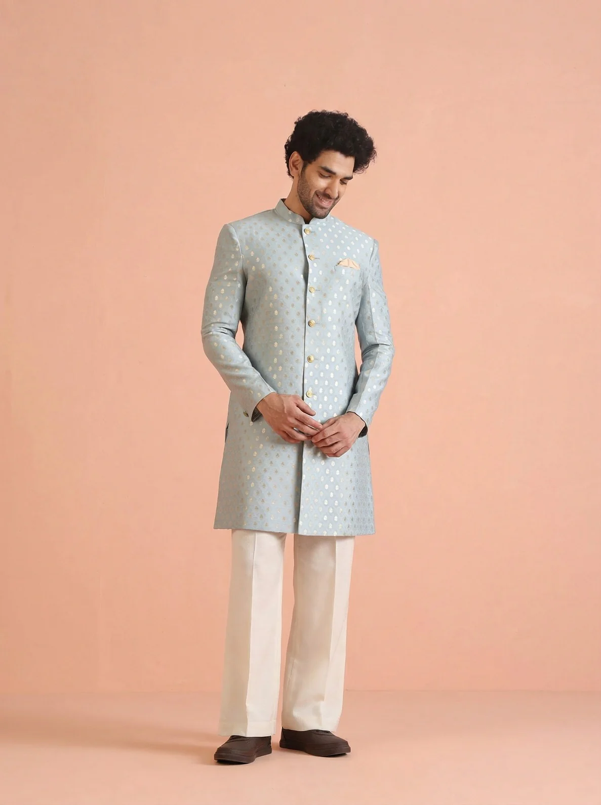 Blue Silk Blend Jacquard Sherwani Wide Leg Trouser Set - Image 8